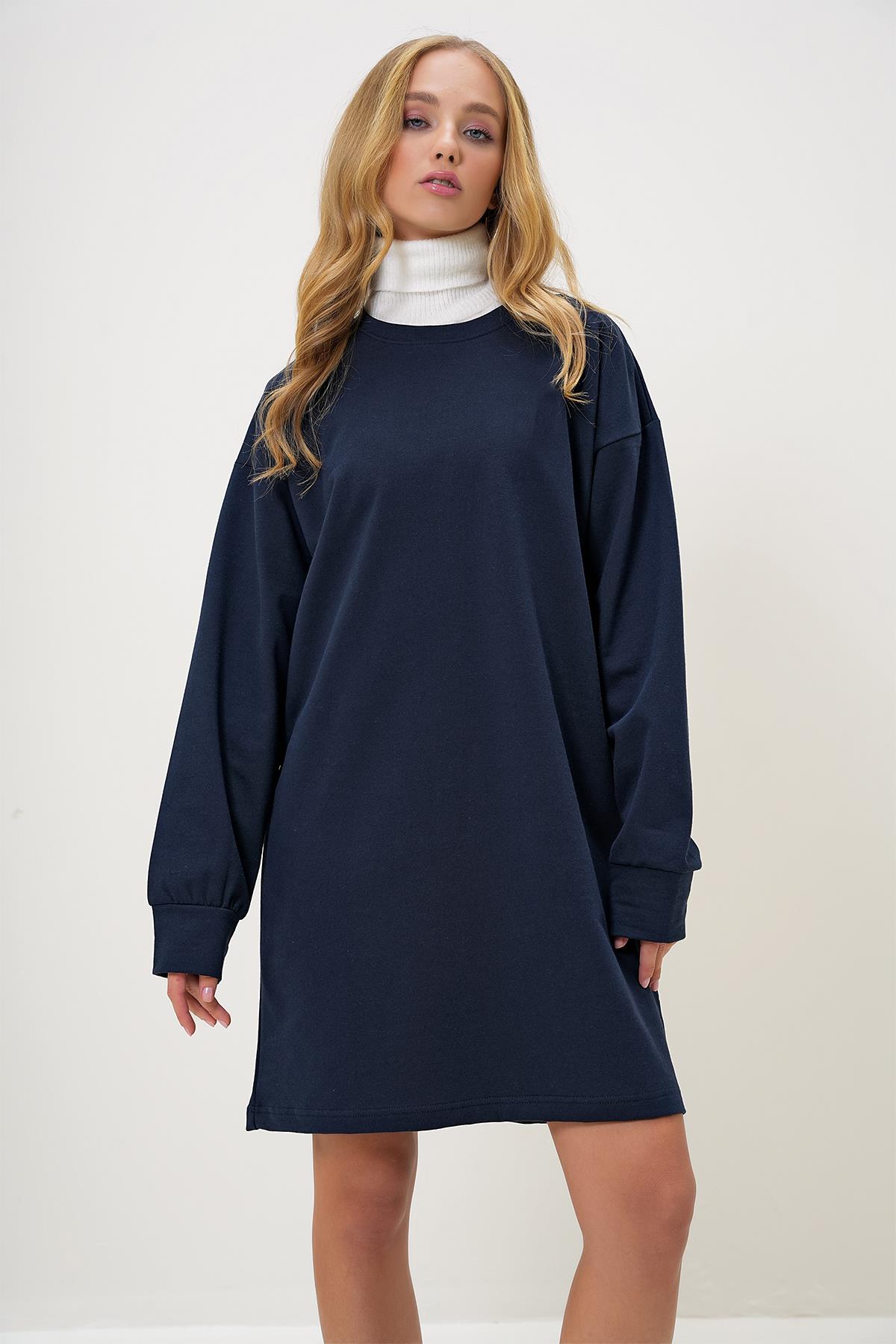 Bisiklet Yaka Sweatshirt Elbise - Lacivert