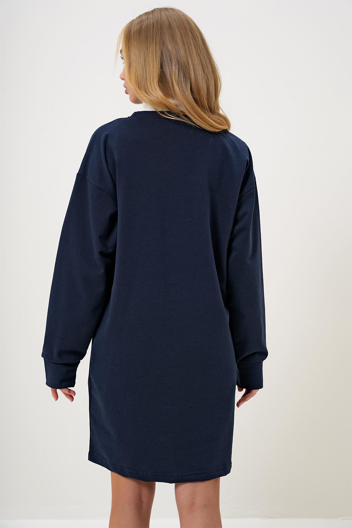 Bisiklet Yaka Sweatshirt Elbise - Lacivert