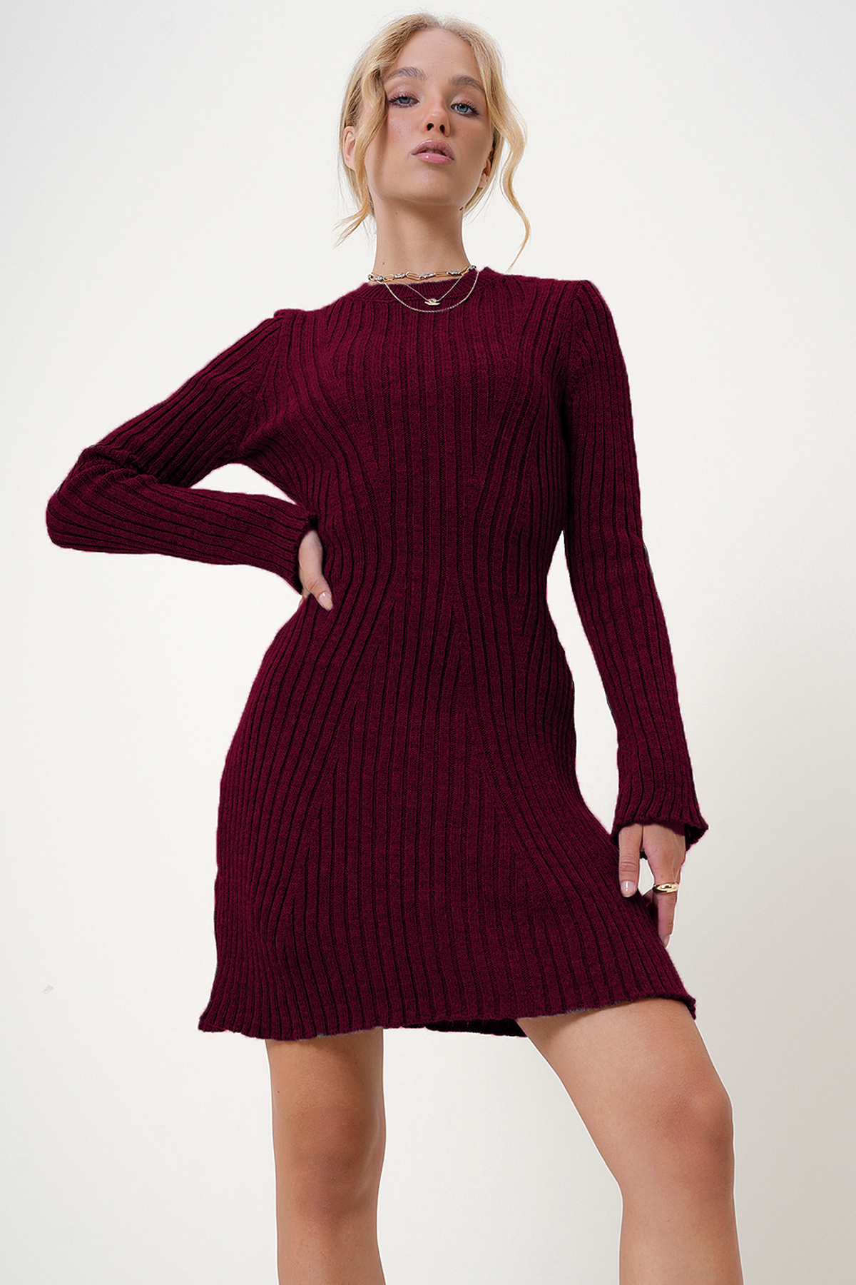 Bisiklet Yaka Triko Elbise - BORDO