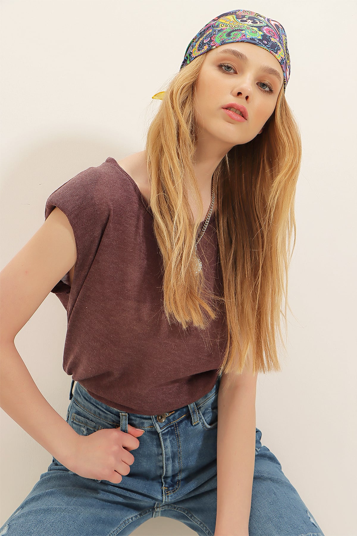 Bisiklet Yaka Vatkalı Örme Bluz - Acı Kahve