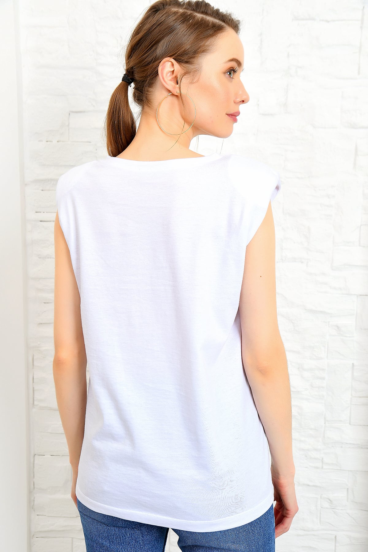 Bisiklet Yaka Vatkalı Pamuklu T-Shirt - Beyaz