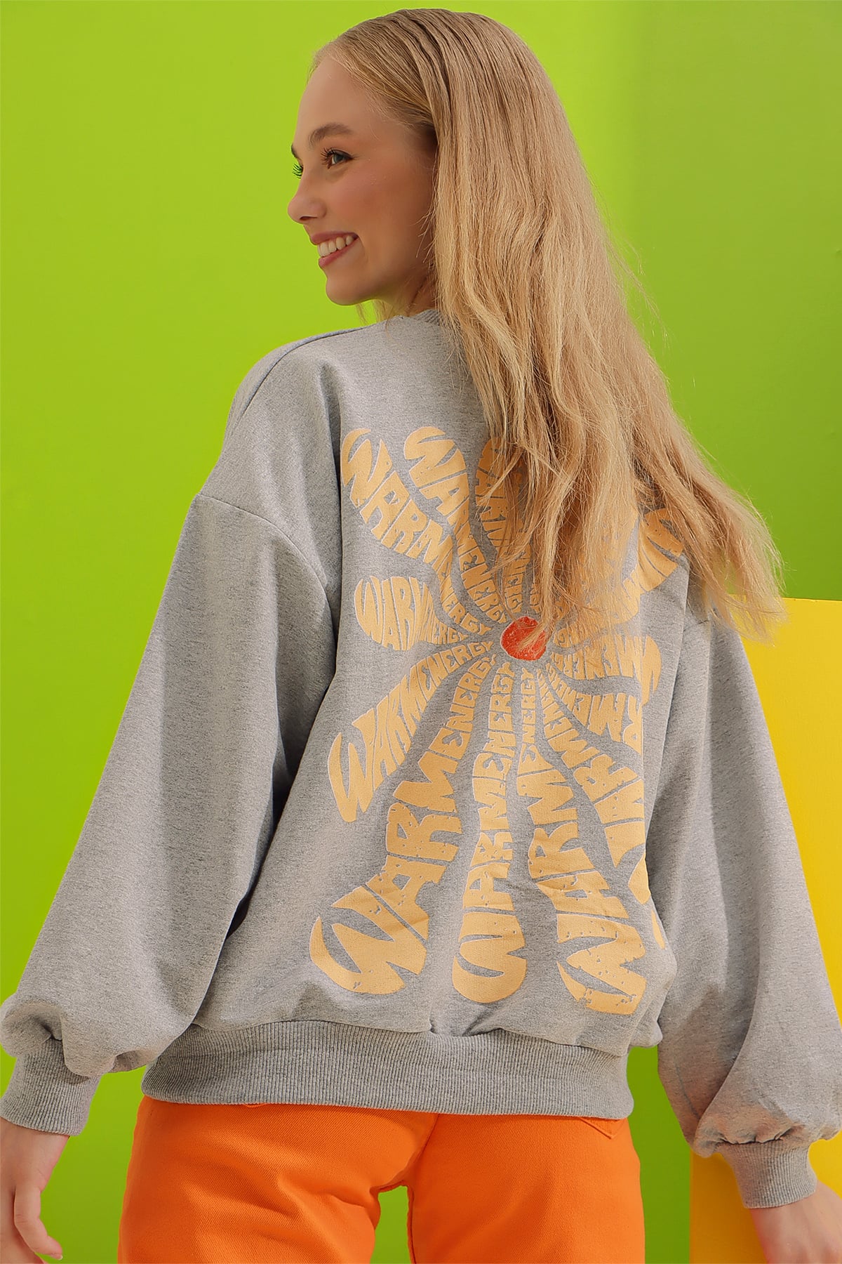 Bisiklet Yaka Warmenergy Baskılı Sweatshirt - Gri