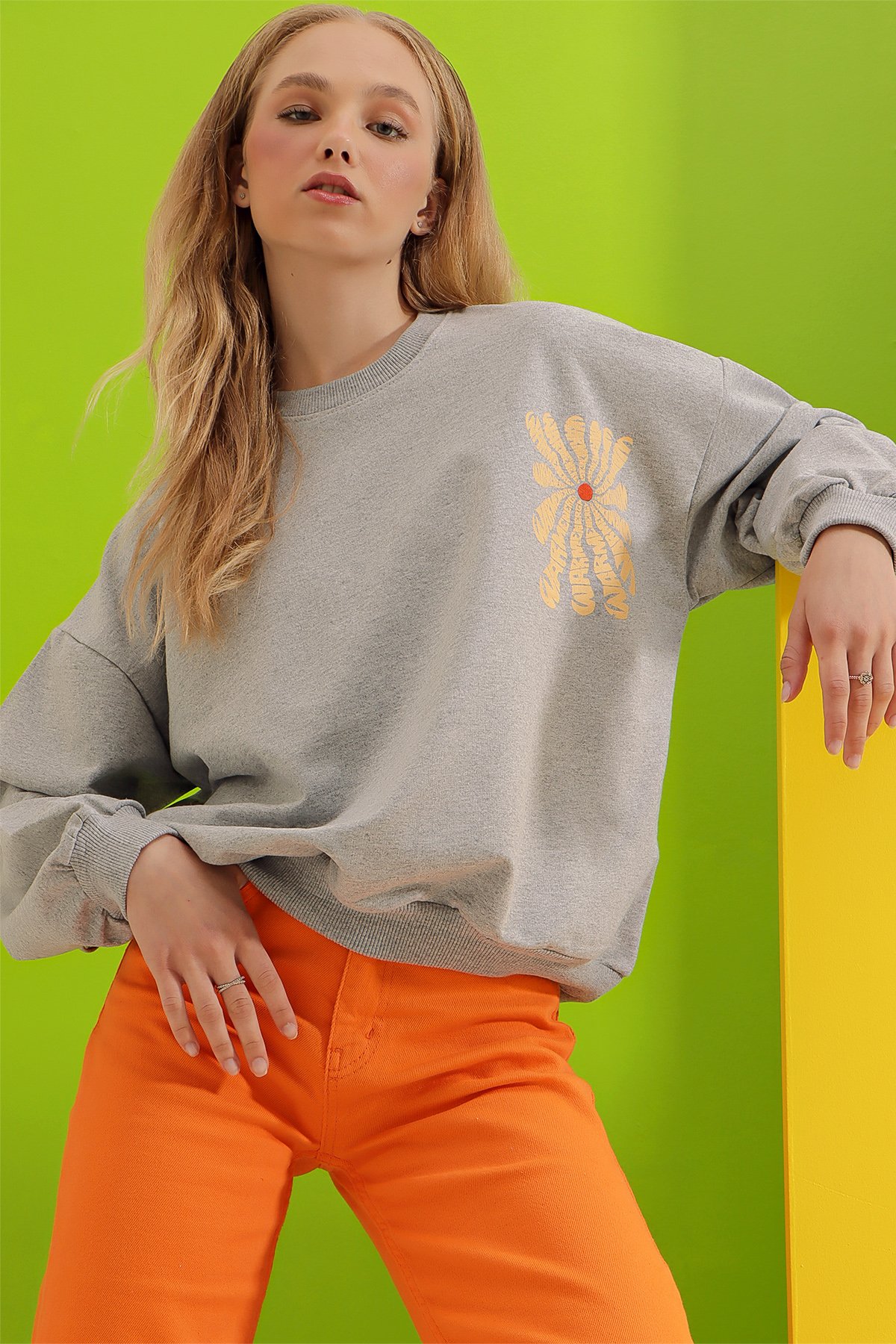 Bisiklet Yaka Warmenergy Baskılı Sweatshirt - Gri