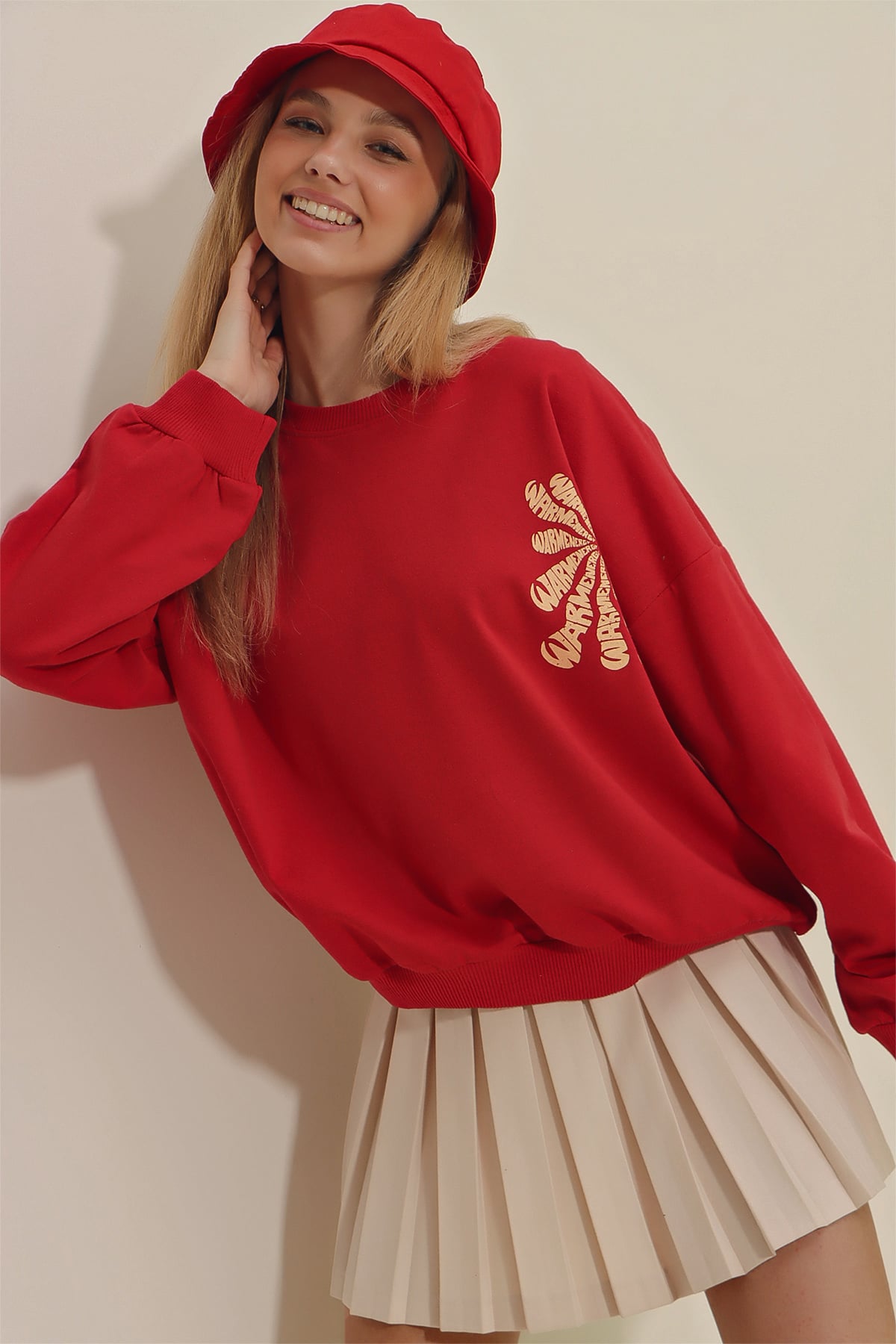 Bisiklet Yaka Warmenergy Baskılı Sweatshirt - Kırmızı