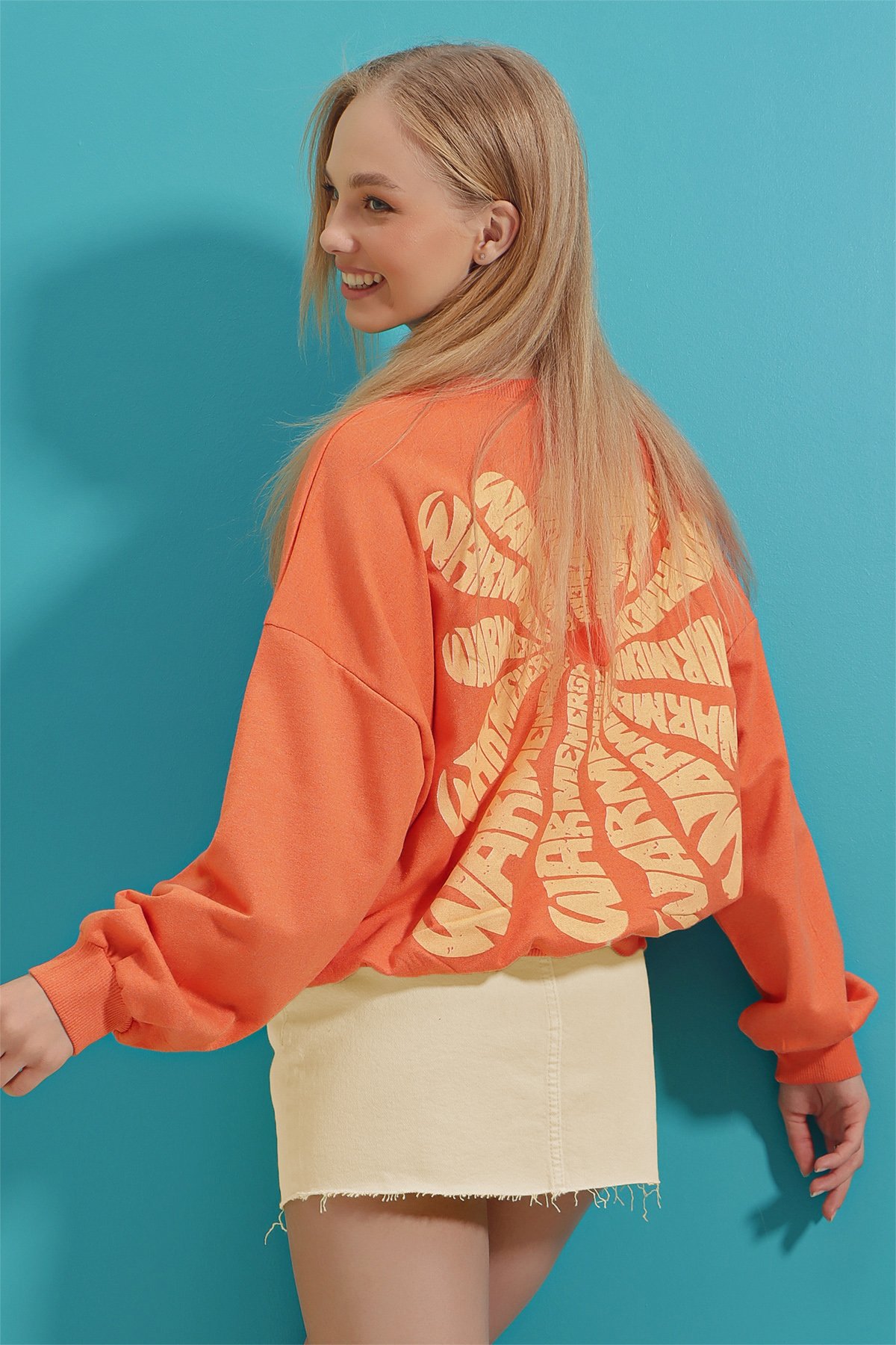 Bisiklet Yaka Warmenergy Baskılı Sweatshirt - Turuncu