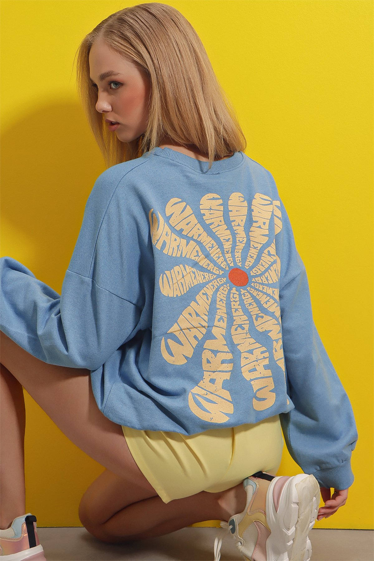 Bisiklet Yaka Warmenergy Baskılı Sweatshirt - Gök Mavi