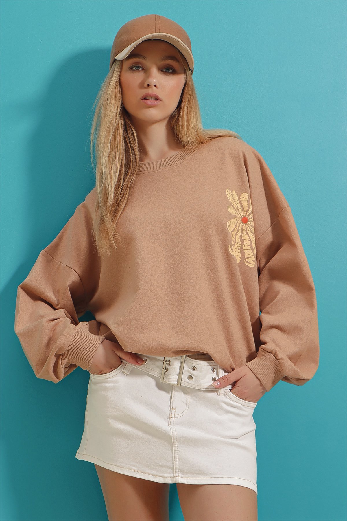 Bisiklet Yaka Warmenergy Baskılı Sweatshirt - Bisküvi