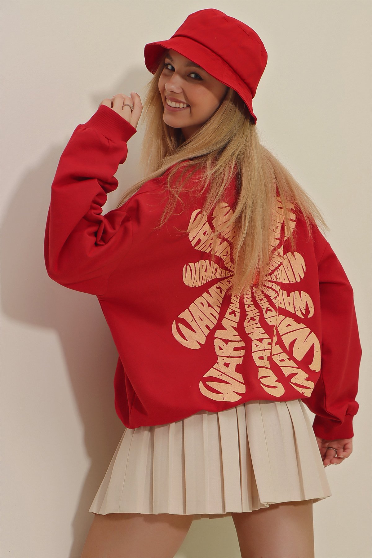 Bisiklet Yaka Warmenergy Baskılı Sweatshirt - Kırmızı