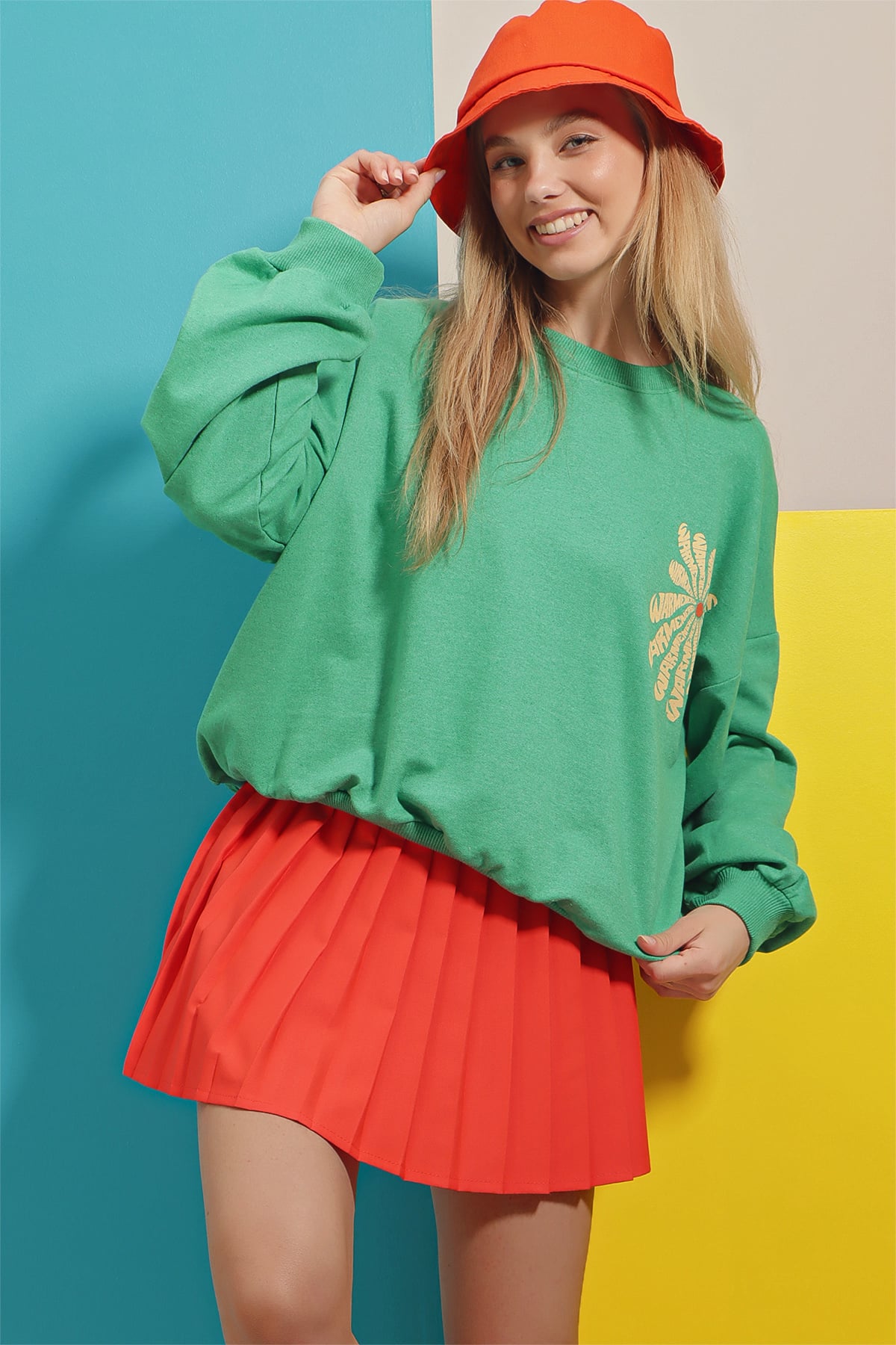 Bisiklet Yaka Warmenergy Baskılı Sweatshirt - Yeşil