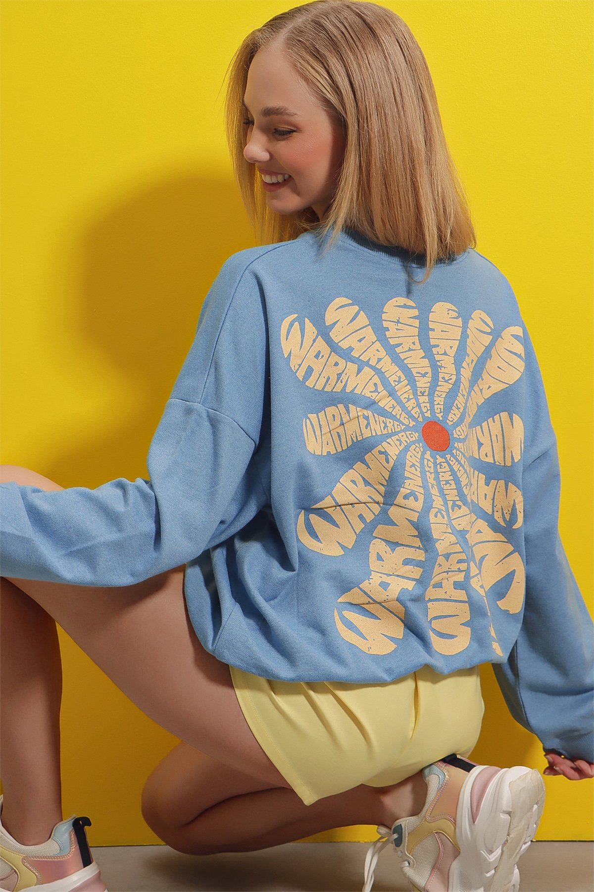 Bisiklet Yaka Warmenergy Baskılı Sweatshirt - Gök Mavi