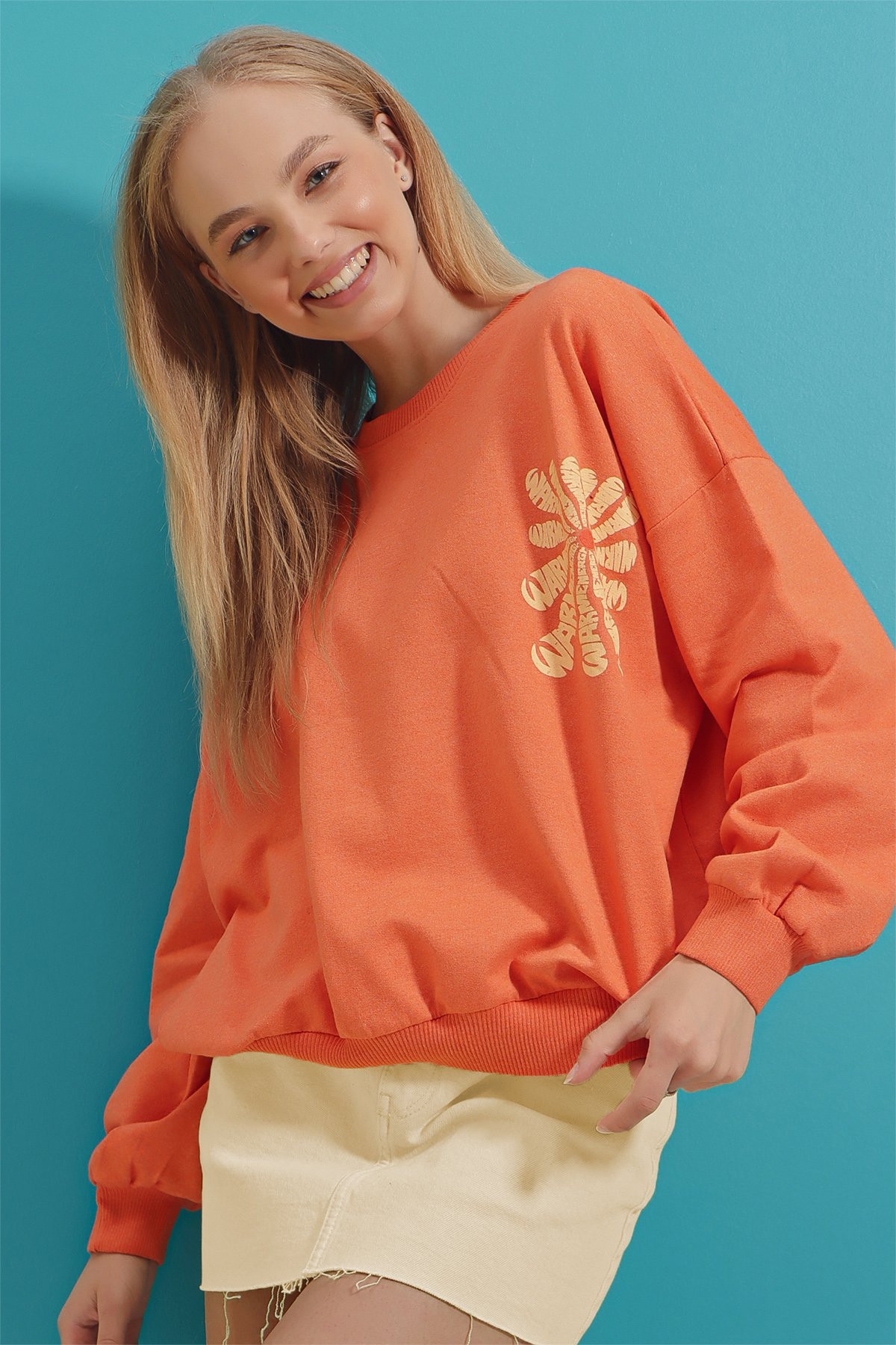 Bisiklet Yaka Warmenergy Baskılı Sweatshirt - Turuncu