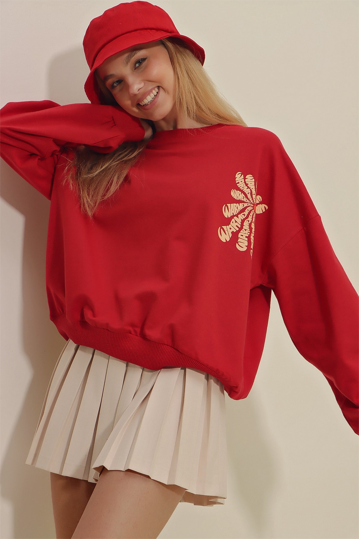 Bisiklet Yaka Warmenergy Baskılı Sweatshirt - Kırmızı