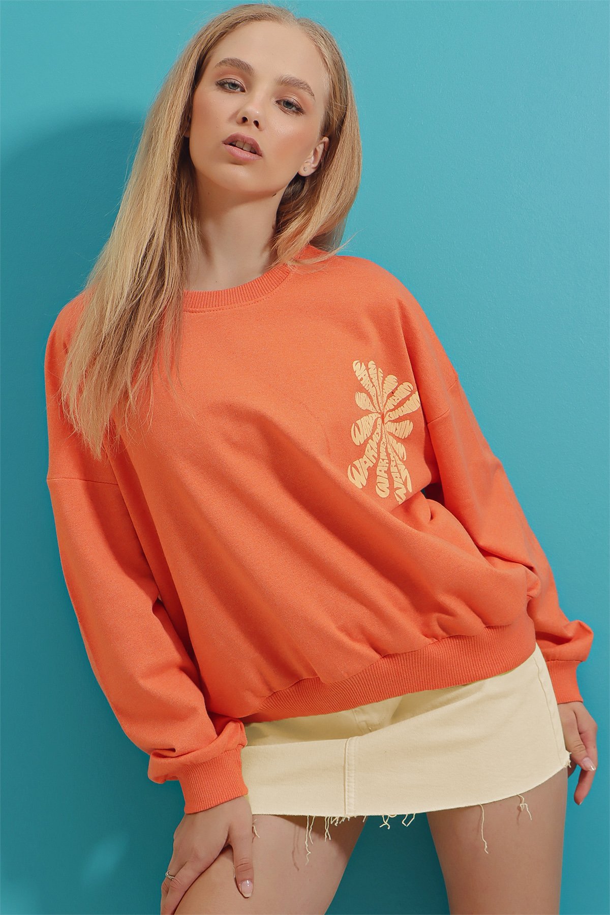 Bisiklet Yaka Warmenergy Baskılı Sweatshirt - Turuncu