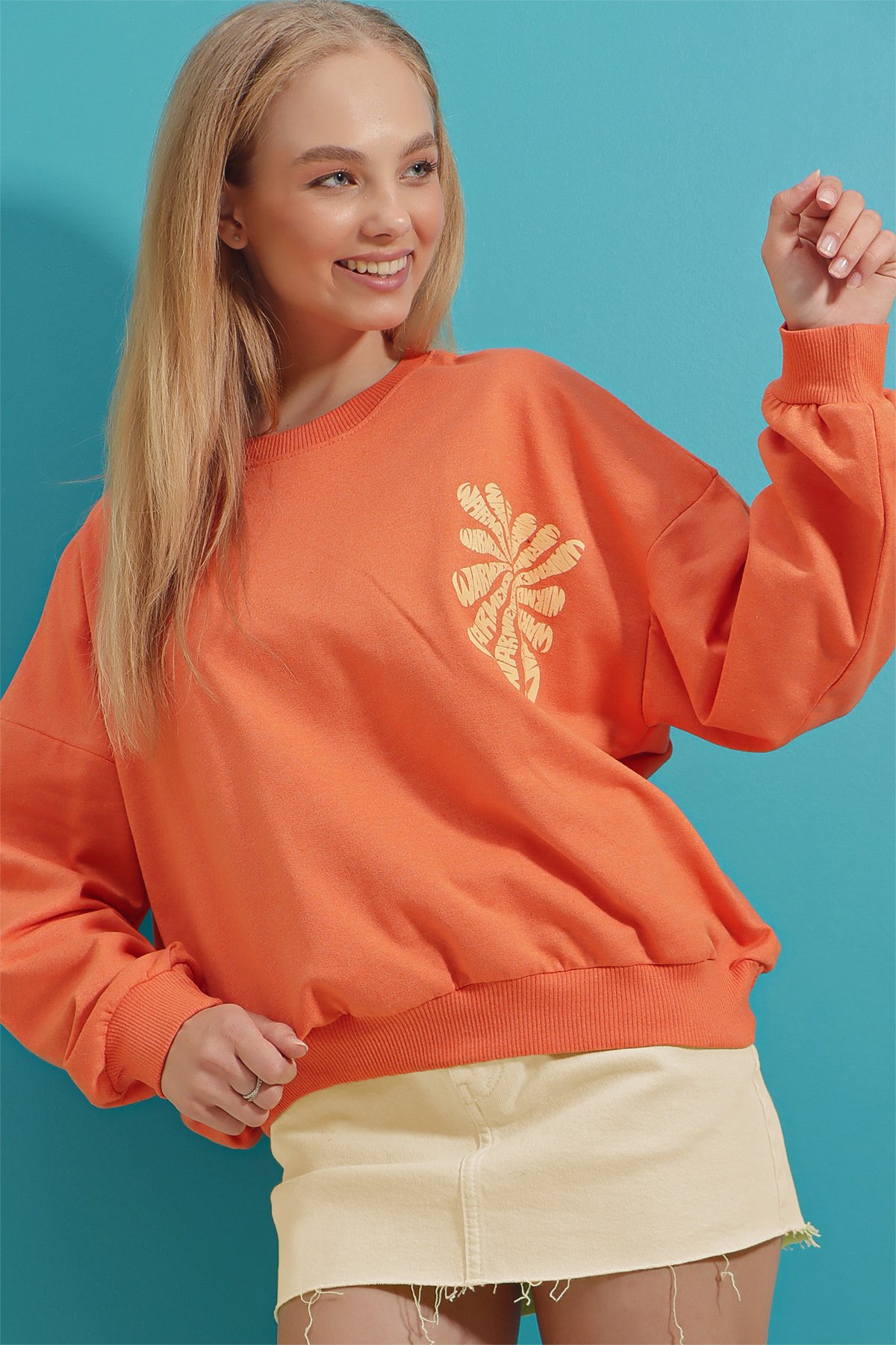 Bisiklet Yaka Warmenergy Baskılı Sweatshirt - Turuncu