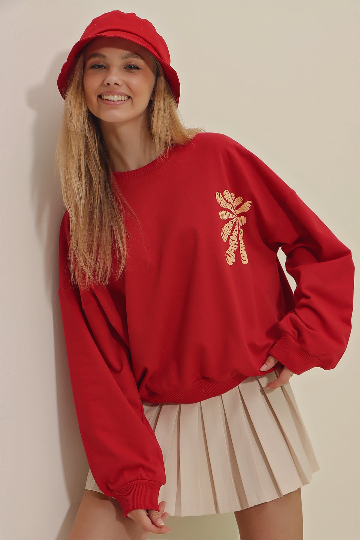 Bisiklet Yaka Warmenergy Baskılı Sweatshirt - Kırmızı
