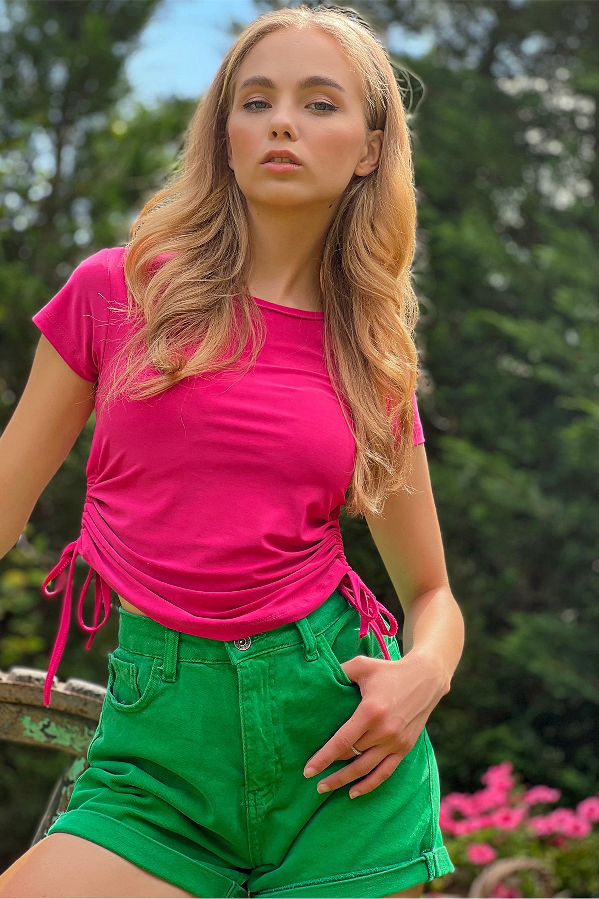 Bisiklet Yaka Yanları Büzgülü Sandy Crop Bluz - Fuşya