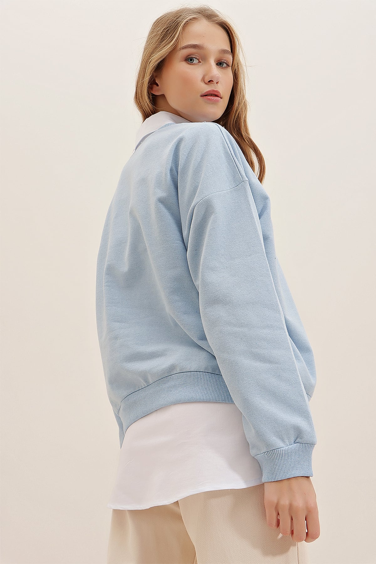 Bisiklet Yaka Yazı Baskılı Oversize Sweatshirt - Mavi