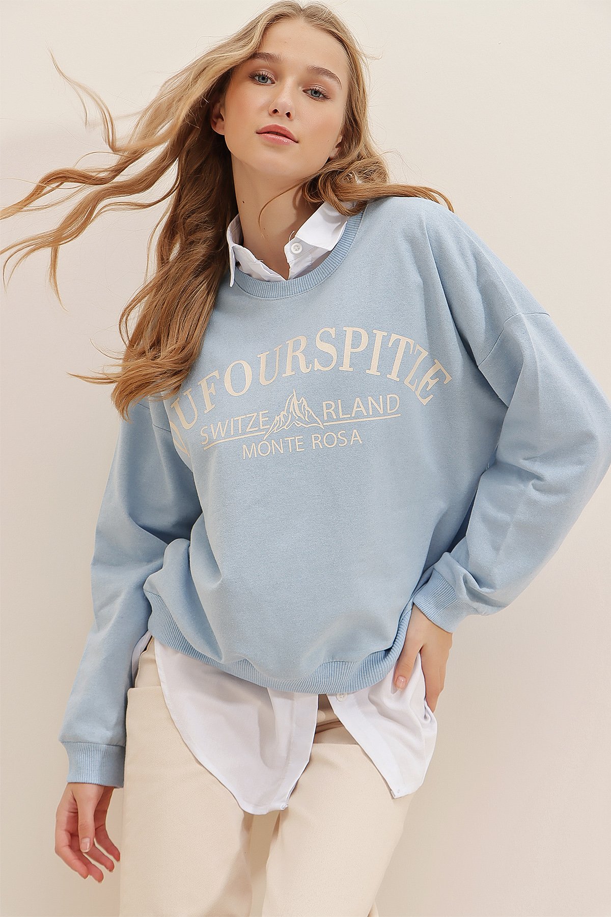 Bisiklet Yaka Yazı Baskılı Oversize Sweatshirt - Mavi