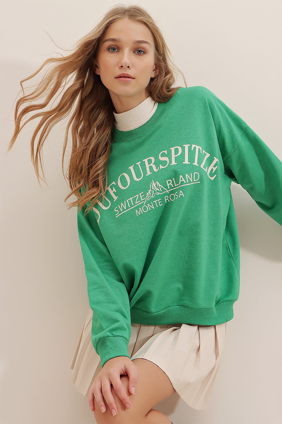 Bisiklet Yaka Yazı Baskılı Oversize Sweatshirt - Yeşil