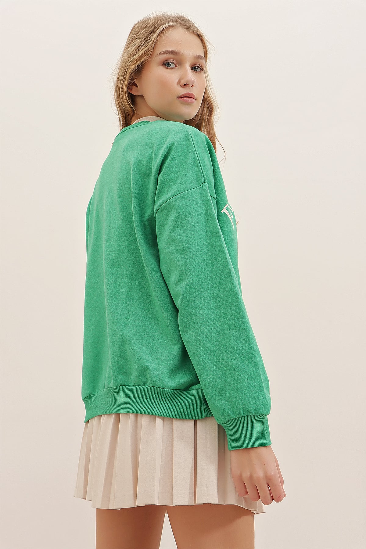 Bisiklet Yaka Yazı Baskılı Oversize Sweatshirt - Yeşil