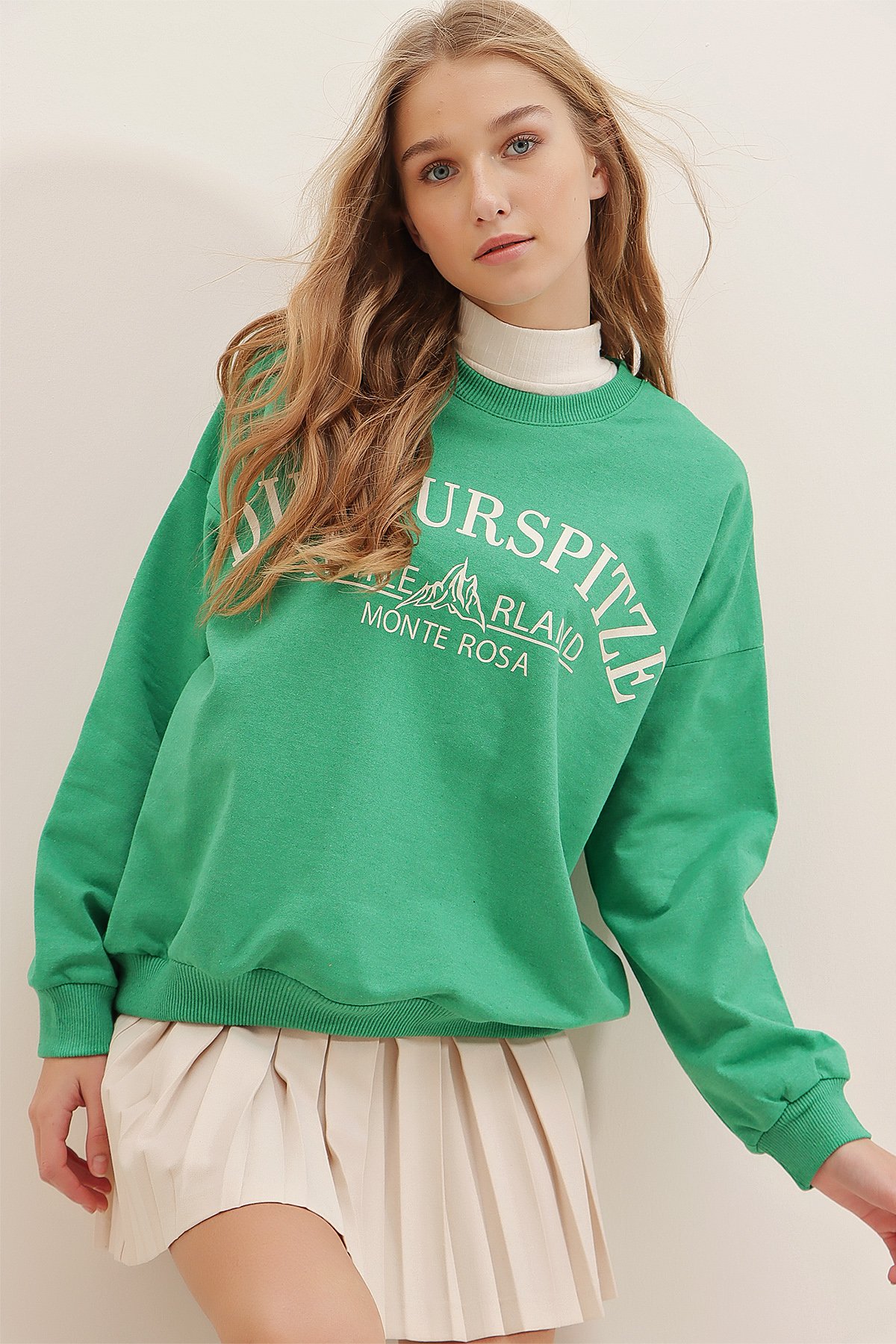 Bisiklet Yaka Yazı Baskılı Oversize Sweatshirt - Yeşil