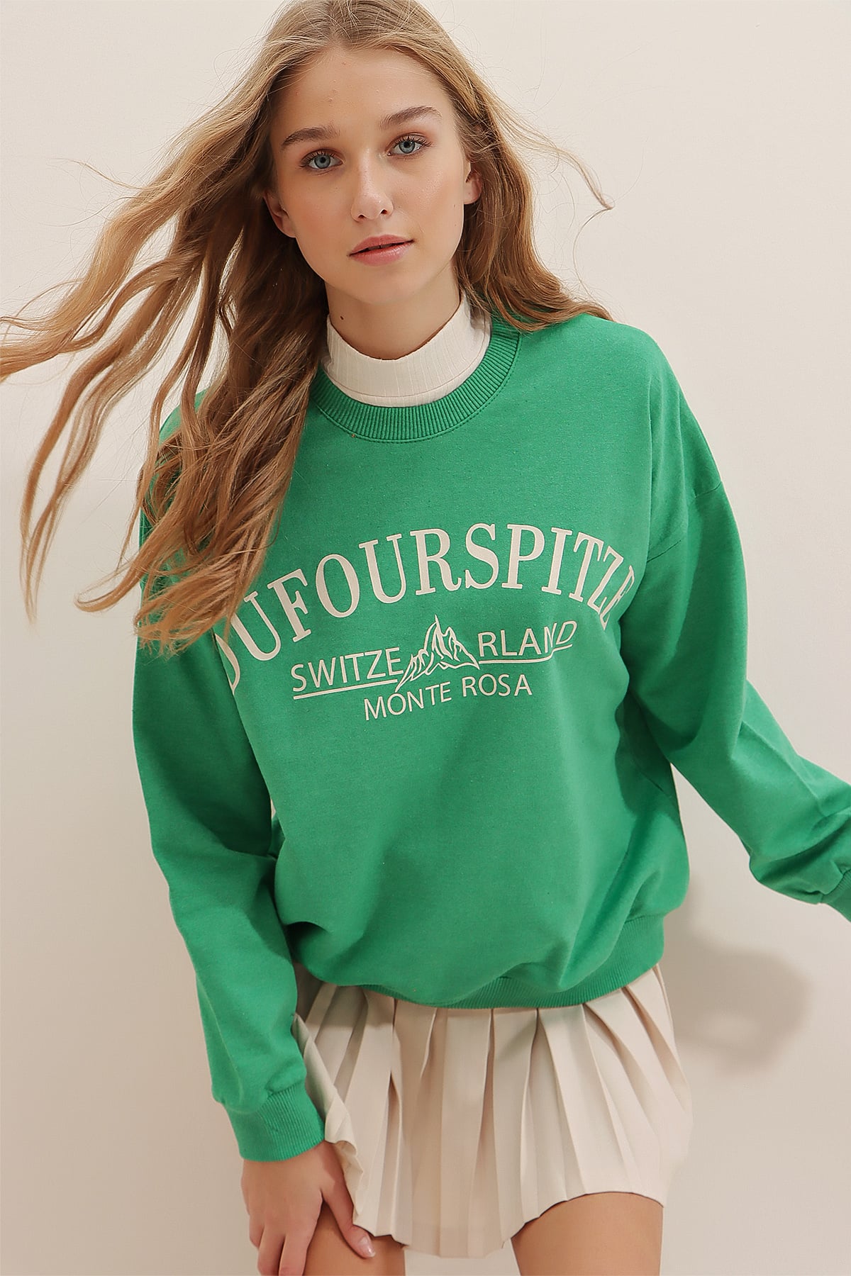 Bisiklet Yaka Yazı Baskılı Oversize Sweatshirt - Yeşil