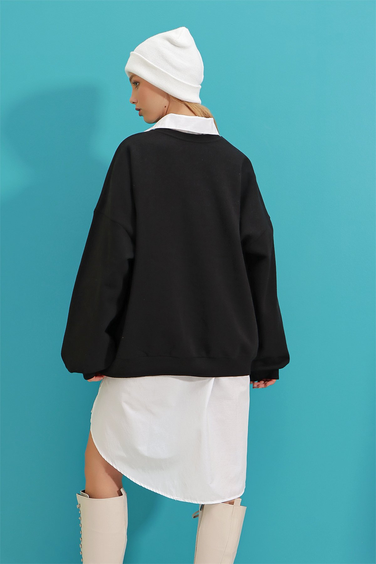 Bisiklet Yaka Yazı Baskılı Üç İplik İçi Polarlı Kolej Sweatshirt - Siyah