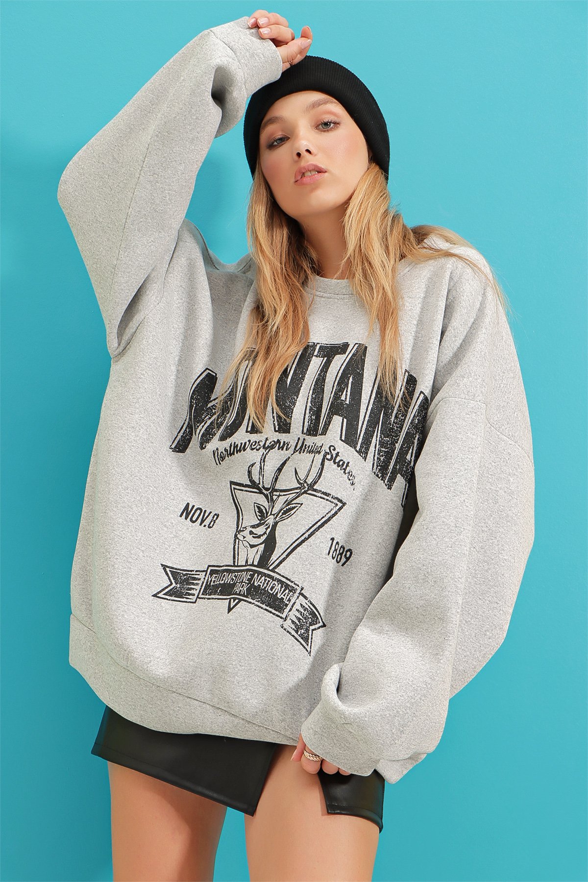 Bisiklet Yaka Yazı Baskılı Üç İplik İçi Polarlı Kolej Sweatshirt - Grimelanj