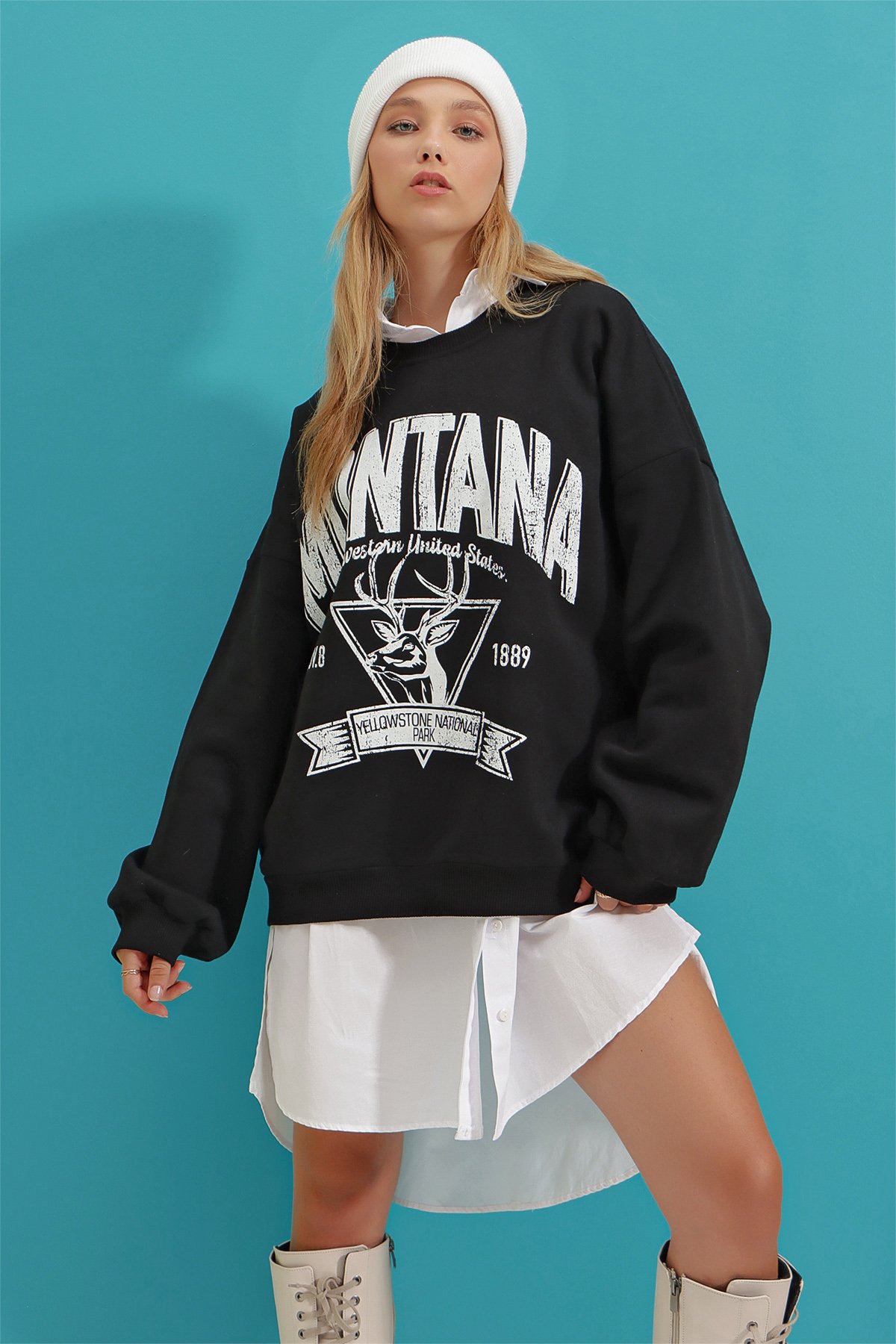 Bisiklet Yaka Yazı Baskılı Üç İplik İçi Polarlı Kolej Sweatshirt - Siyah