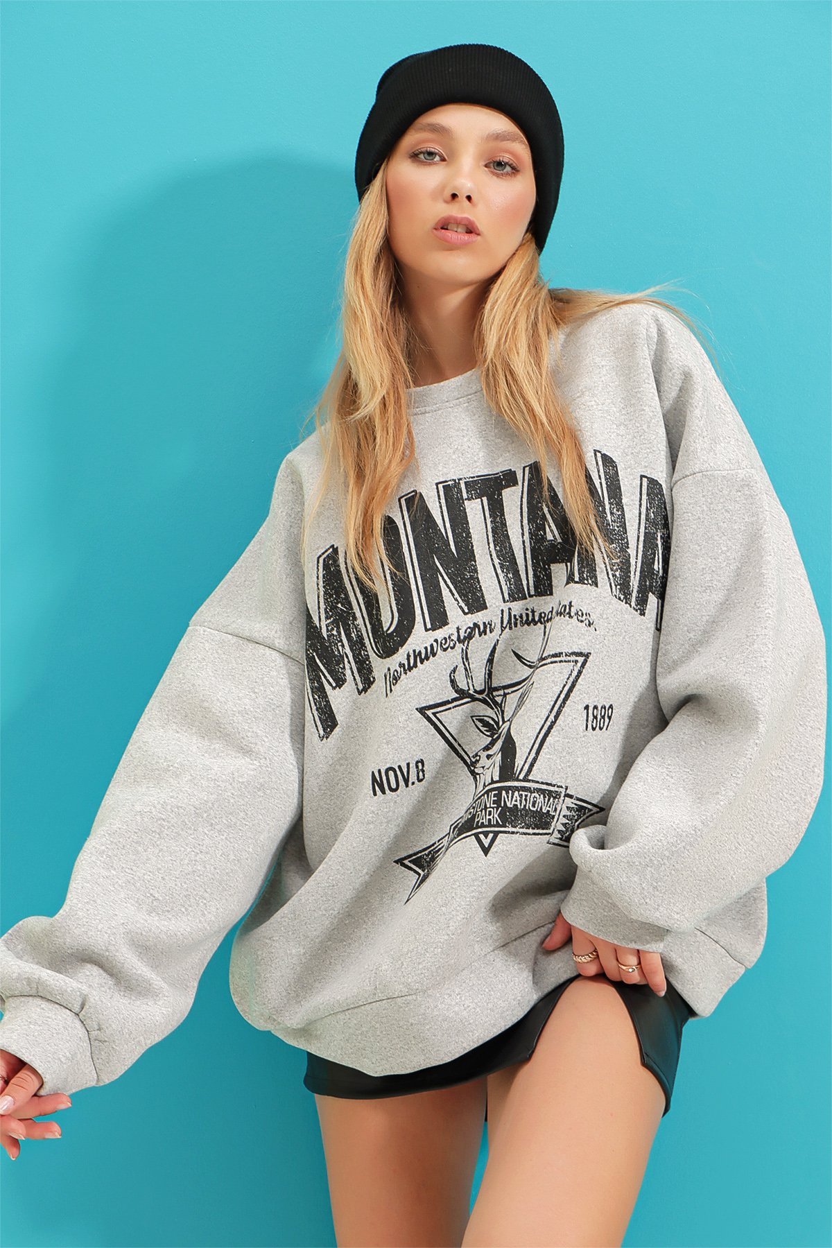 Bisiklet Yaka Yazı Baskılı Üç İplik İçi Polarlı Kolej Sweatshirt - Grimelanj