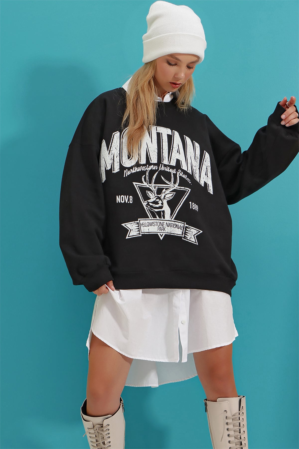 Bisiklet Yaka Yazı Baskılı Üç İplik İçi Polarlı Kolej Sweatshirt - Siyah