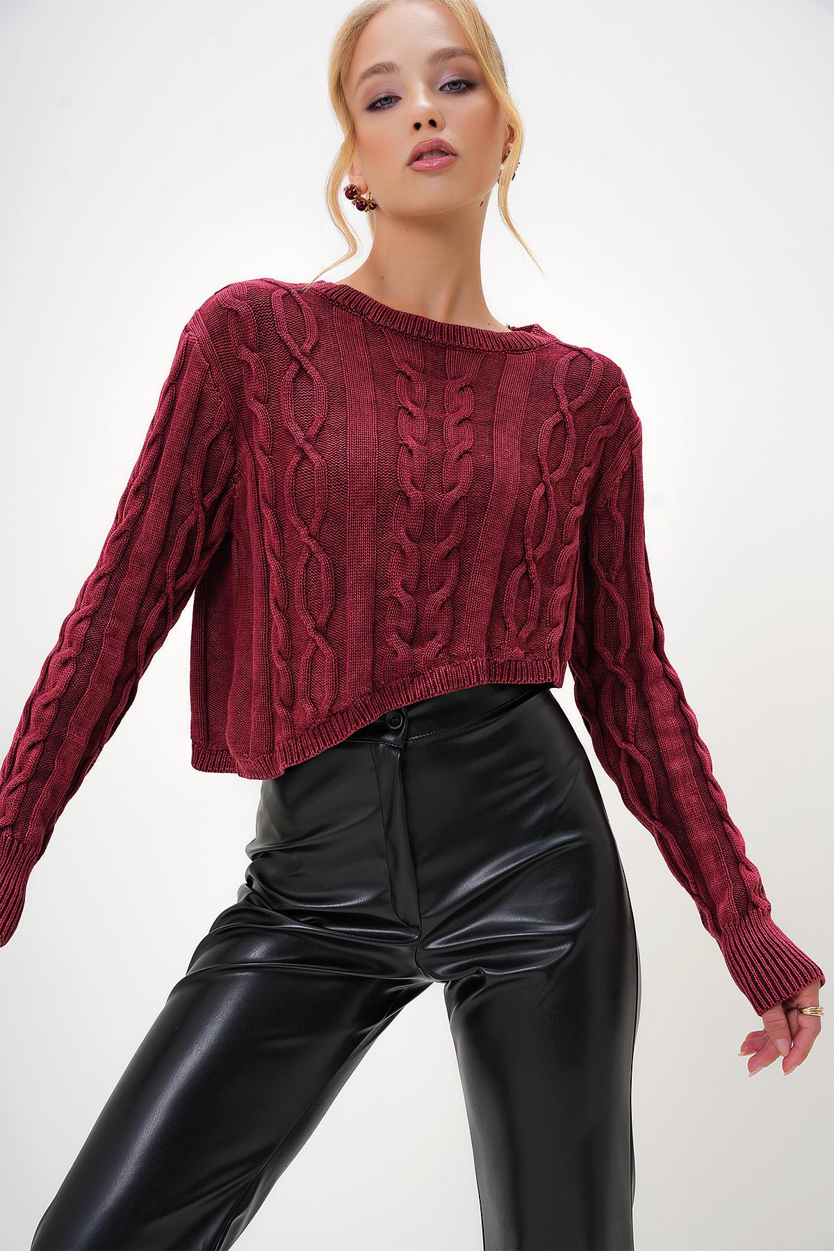 BİSİKLET YAKA YIKAMALI CROP KAZAK - Bordo