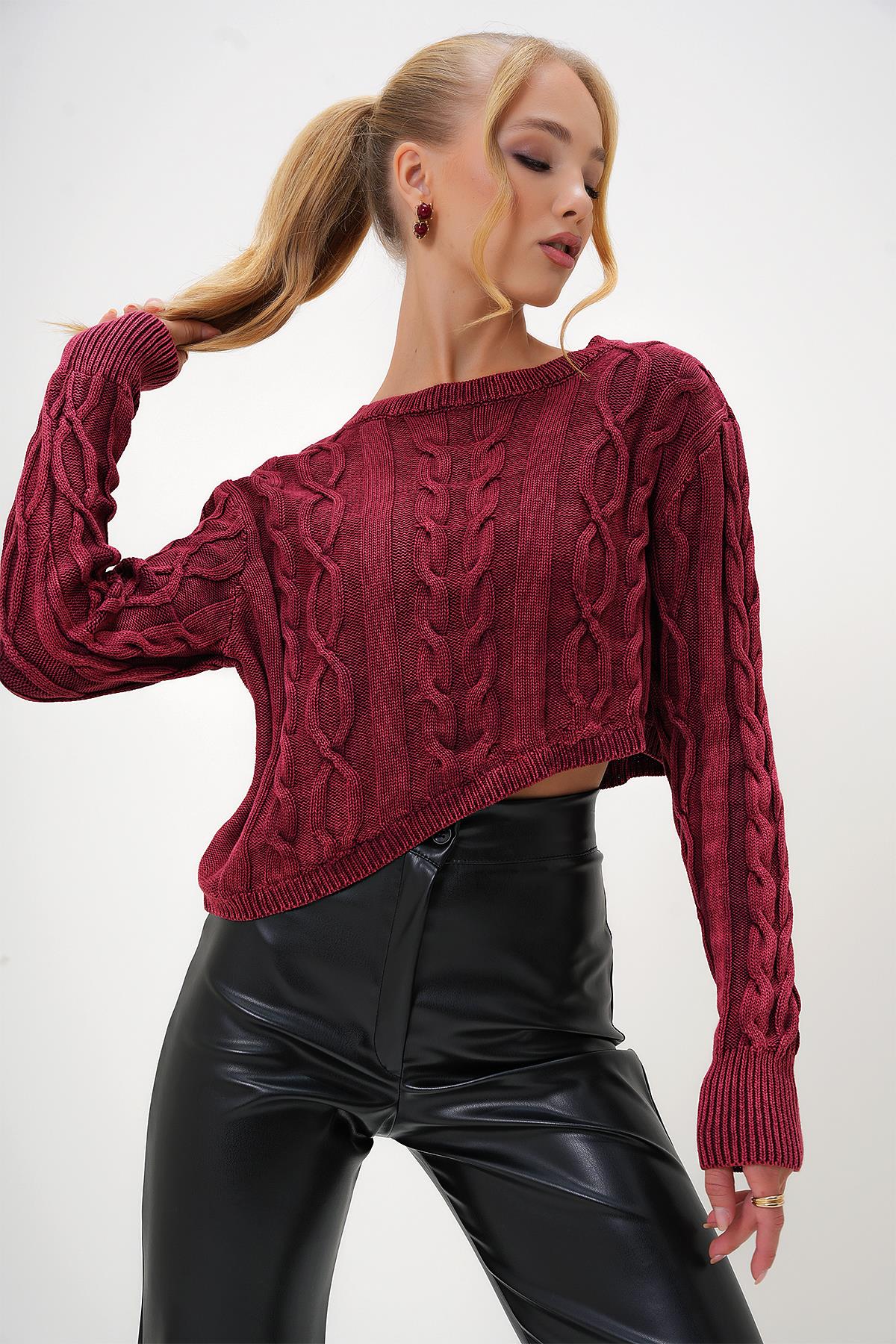 BİSİKLET YAKA YIKAMALI CROP KAZAK - Bordo