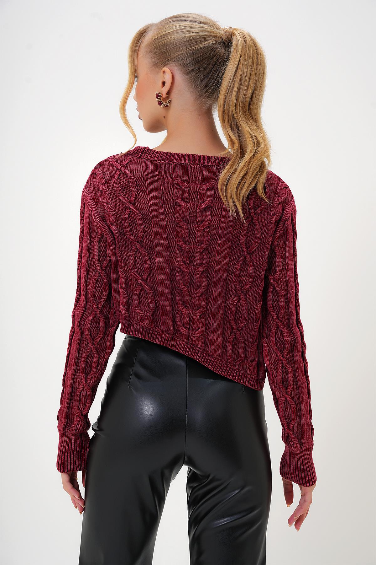 BİSİKLET YAKA YIKAMALI CROP KAZAK - Bordo