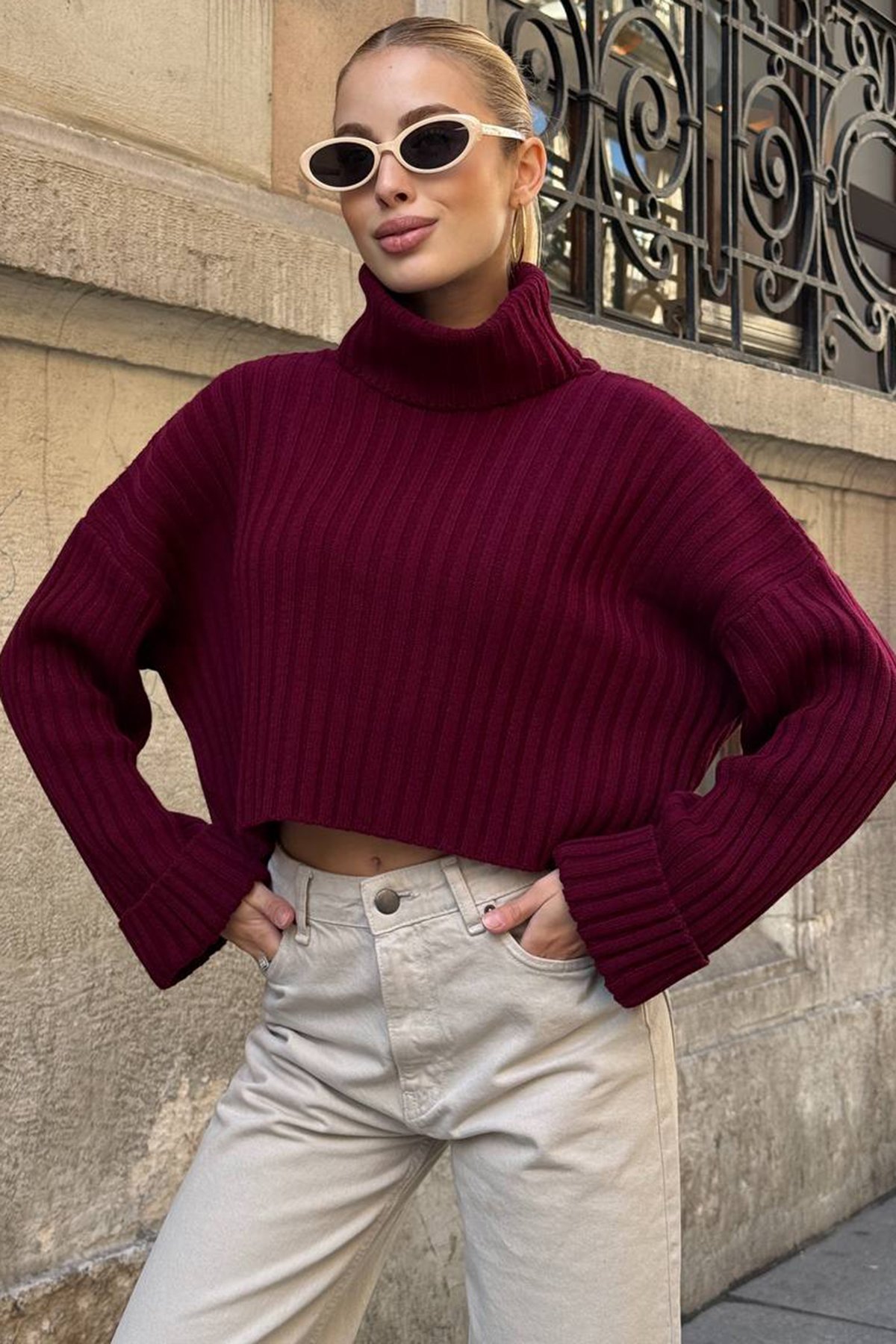 Boğazlı Fitilli Crop Triko Kazak - BORDO