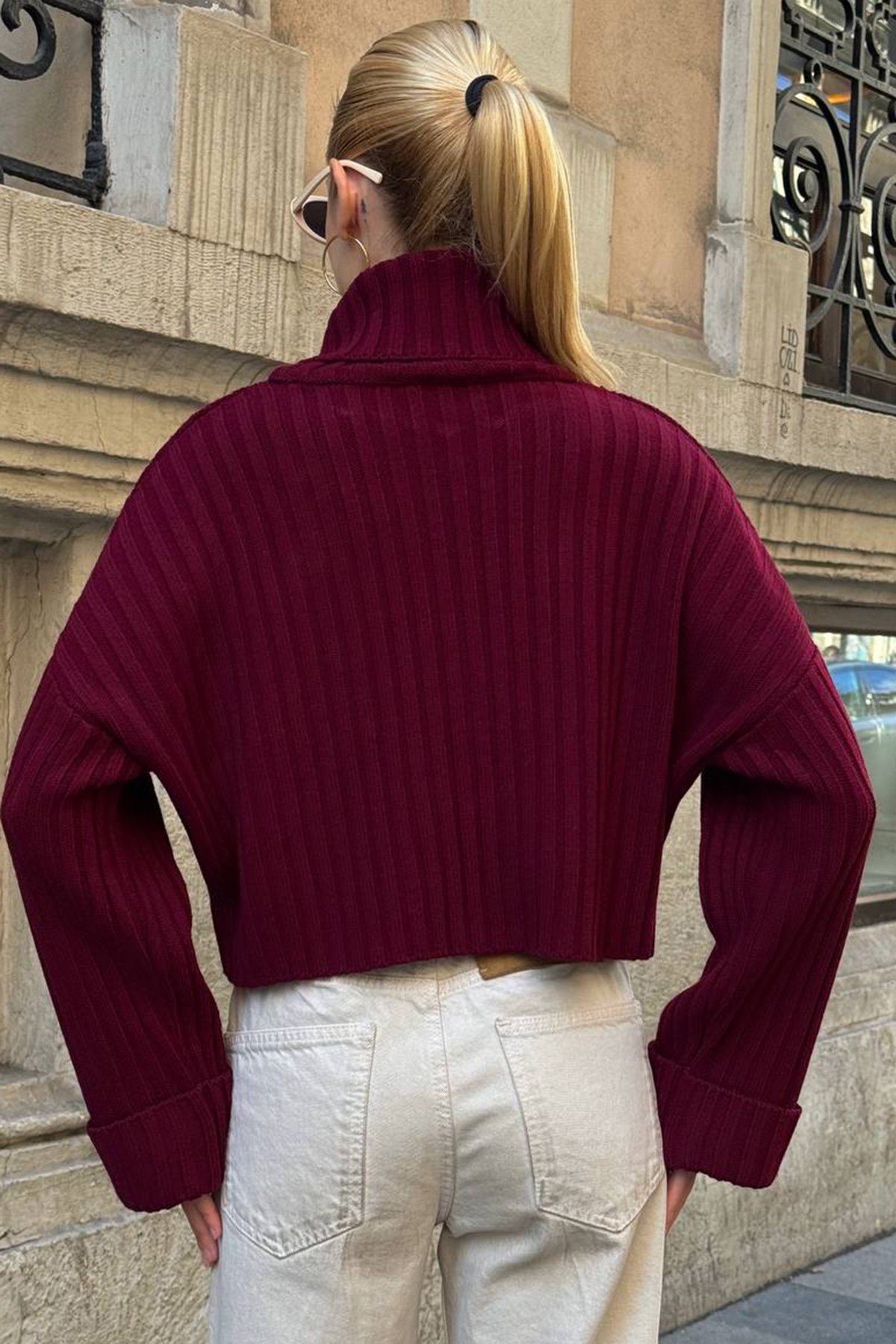 Boğazlı Fitilli Crop Triko Kazak - BORDO