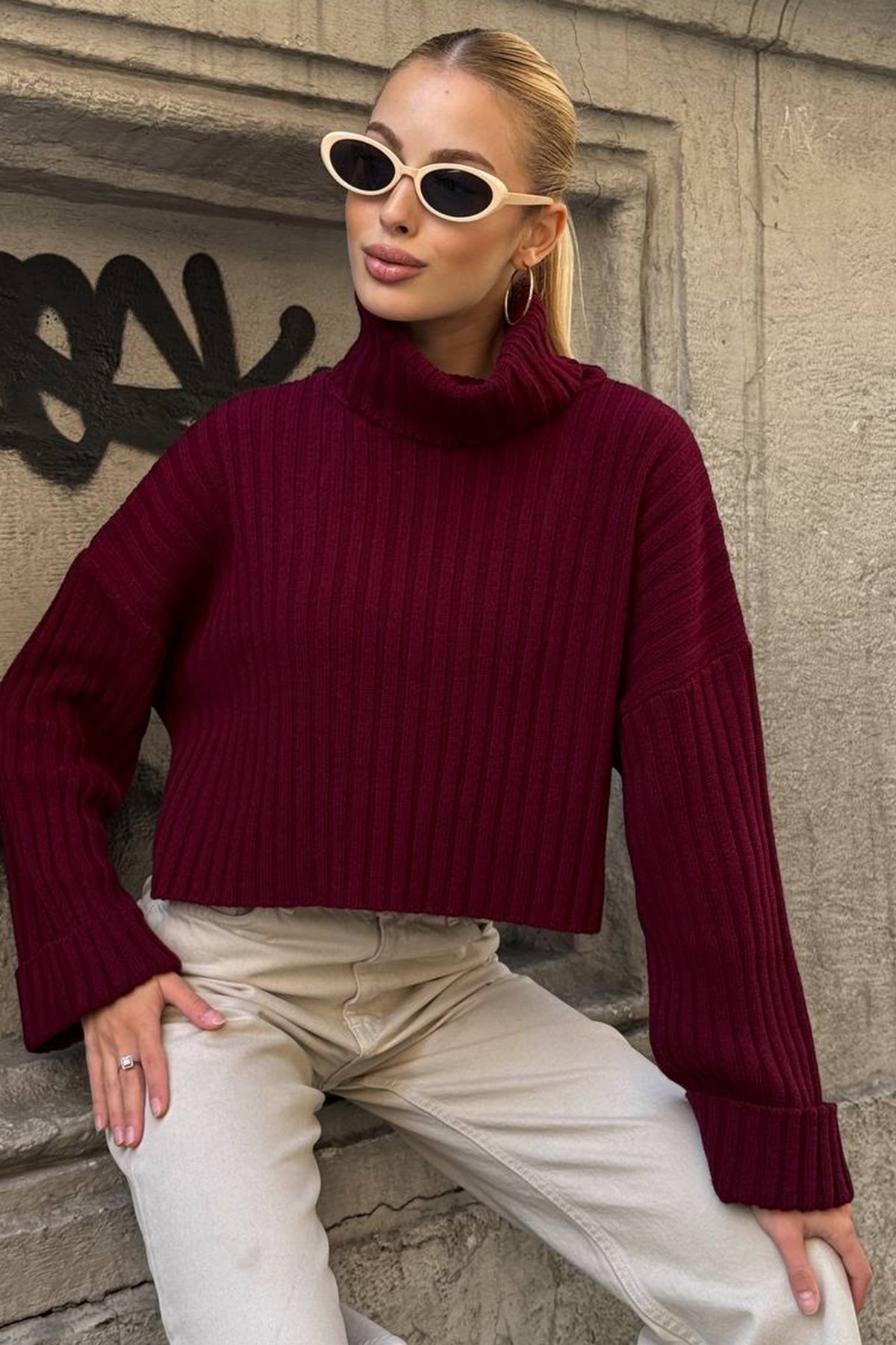 Boğazlı Fitilli Crop Triko Kazak - BORDO