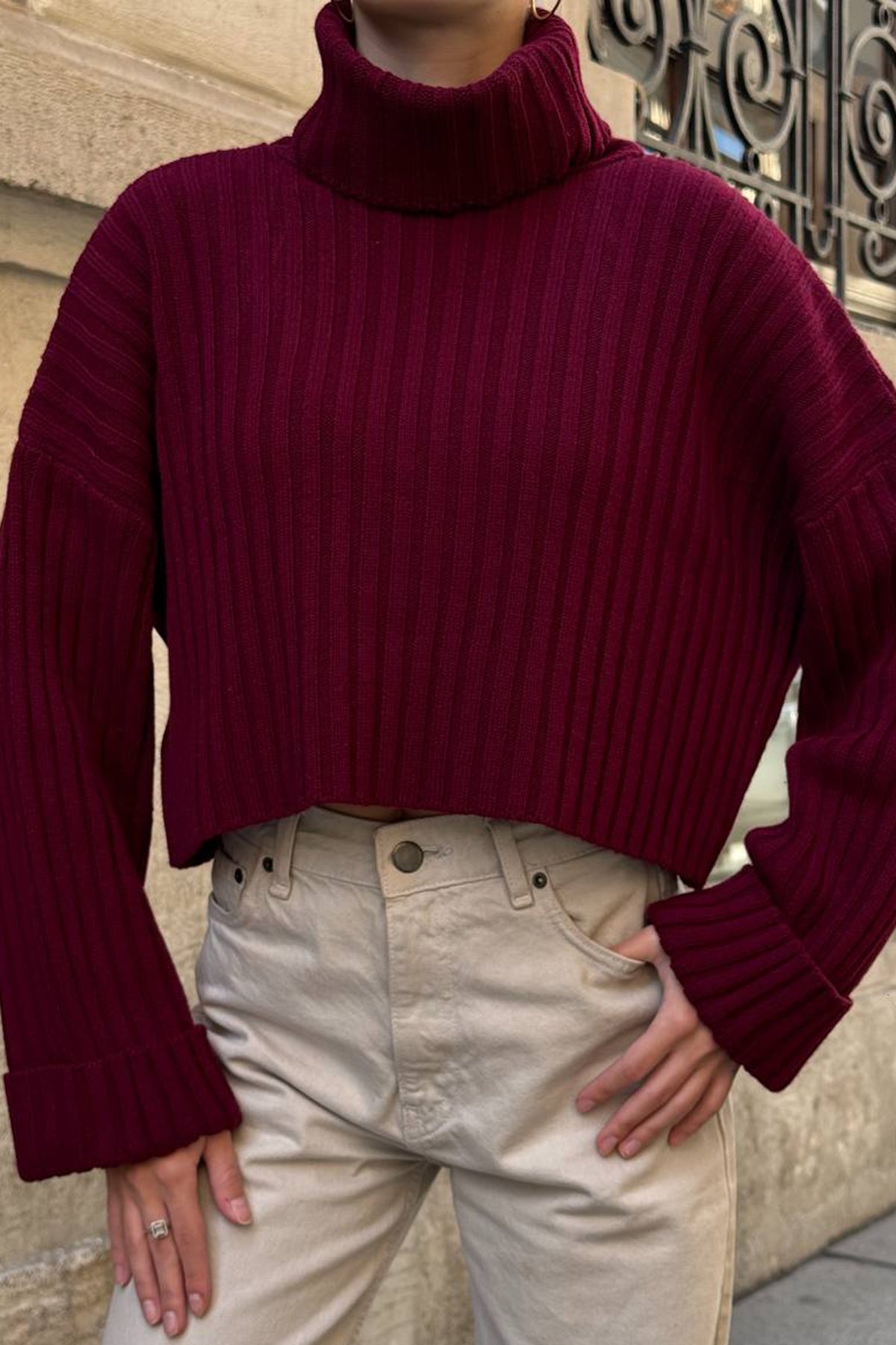 Boğazlı Fitilli Crop Triko Kazak - BORDO