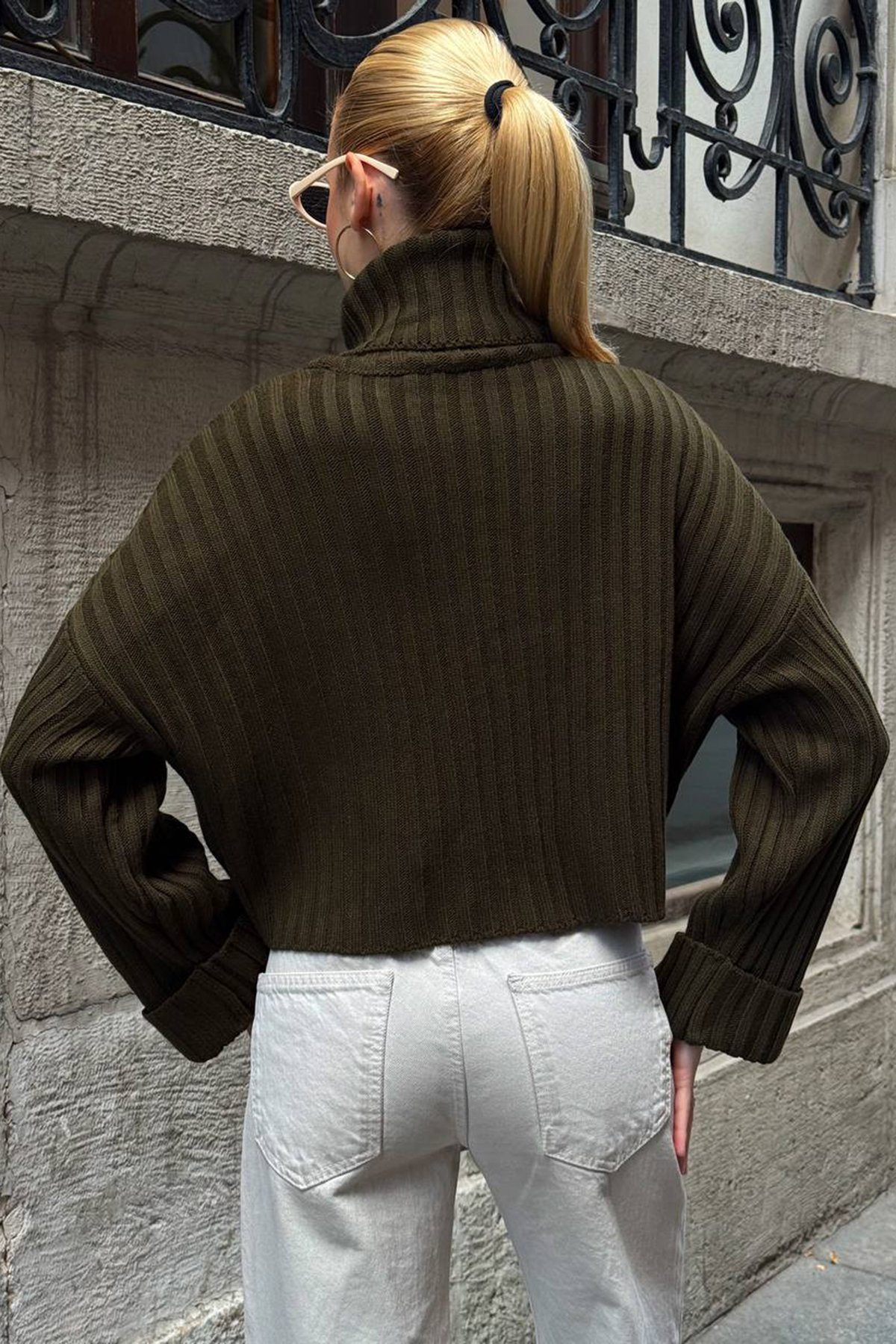 Boğazlı Fitilli Crop Triko Kazak - HAKİ