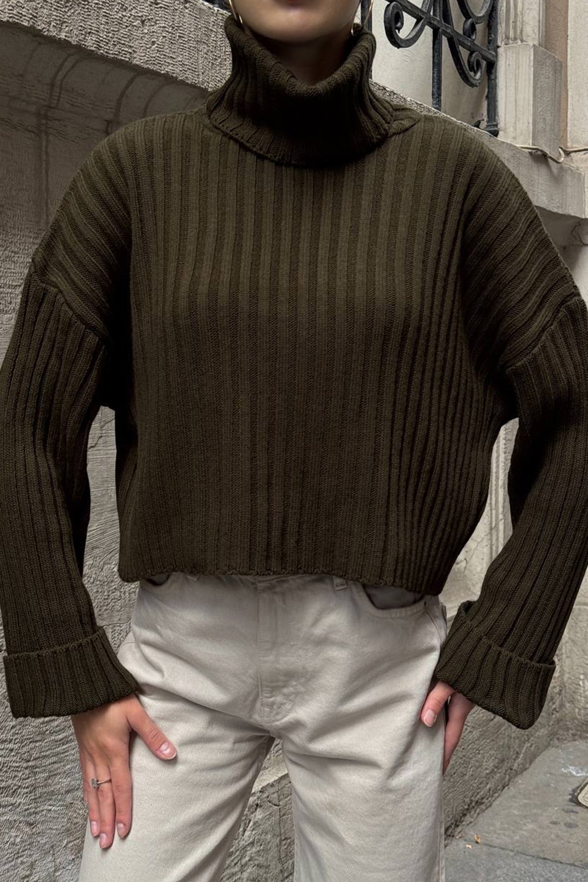 Boğazlı Fitilli Crop Triko Kazak - HAKİ