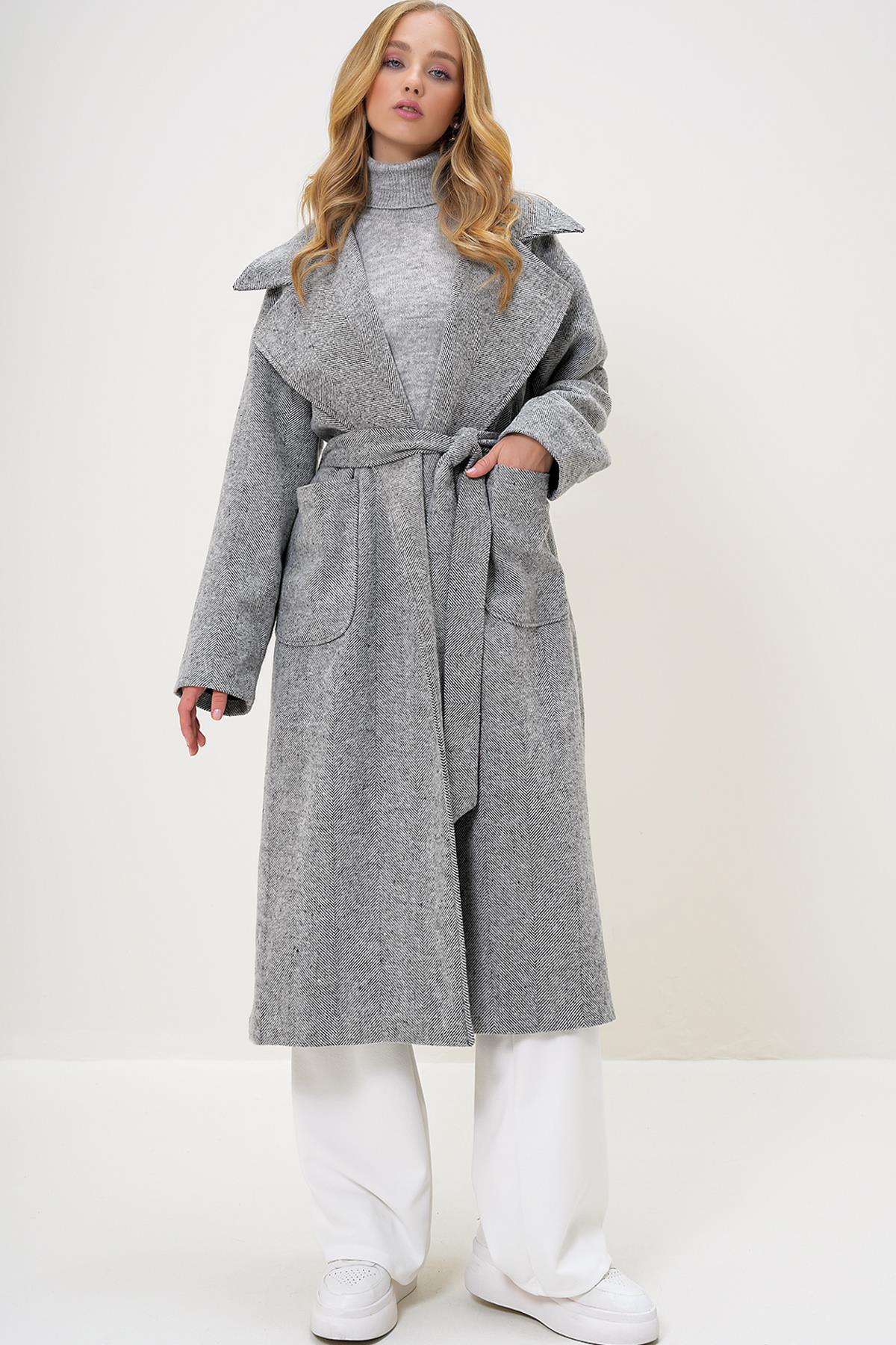 CEKET YAKA TORBA CEPLİ İÇİ ASTARLI KUŞAK BAĞLAMALI KAŞE KABAN - Gri-Kırçıllı