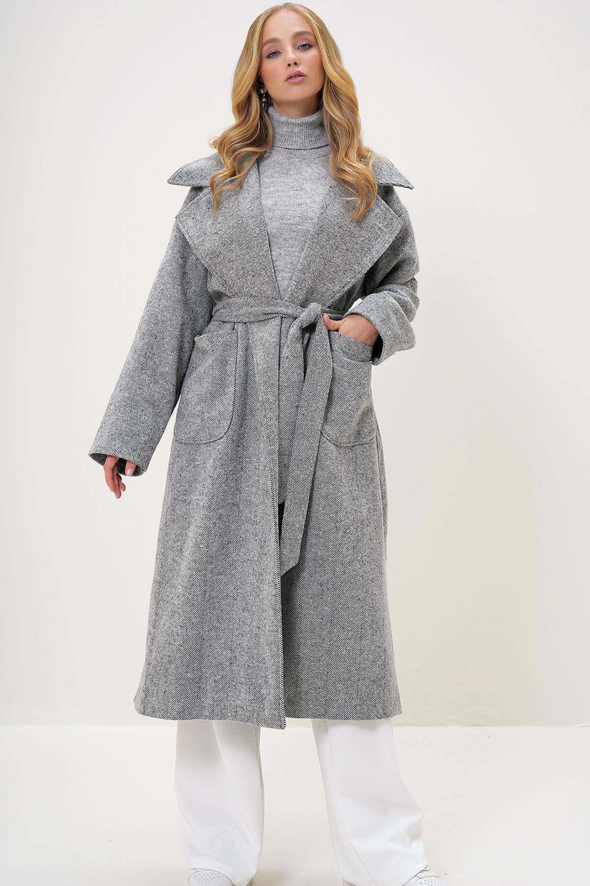 CEKET YAKA TORBA CEPLİ İÇİ ASTARLI KUŞAK BAĞLAMALI KAŞE KABAN - Gri-Kırçıllı