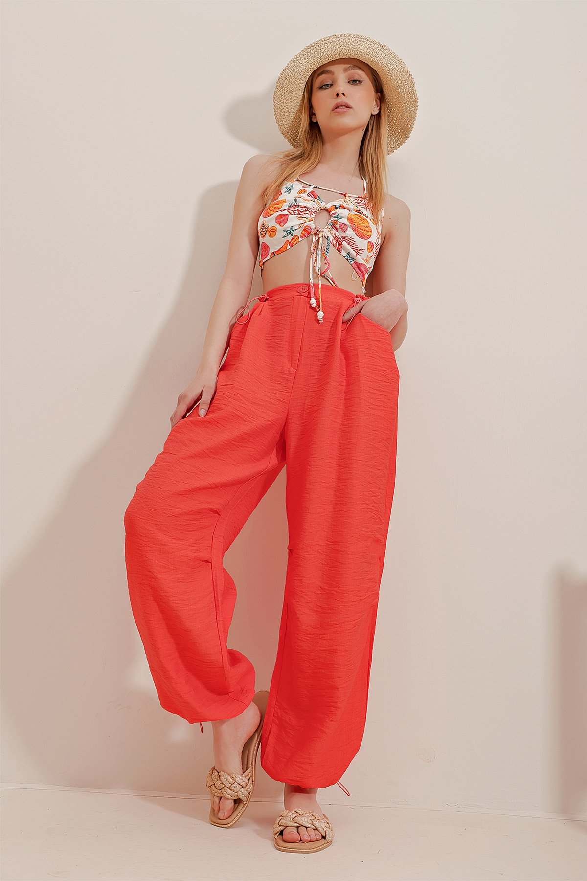 Çift Cepli Aerobin Keten Pantolon - Turuncu