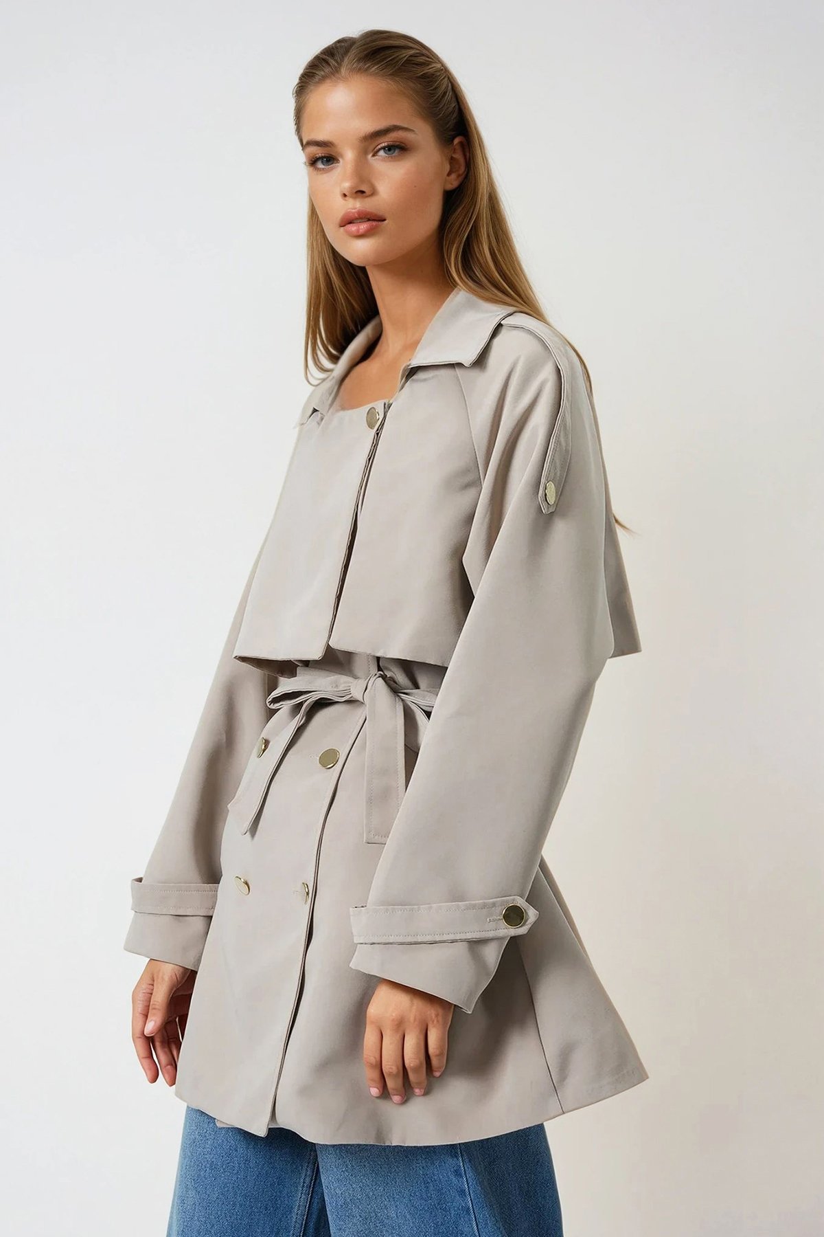 Çift Cepli  Astarlı Kemerli Omuzu Ve Beli Apoletli Trençkot - TAŞ