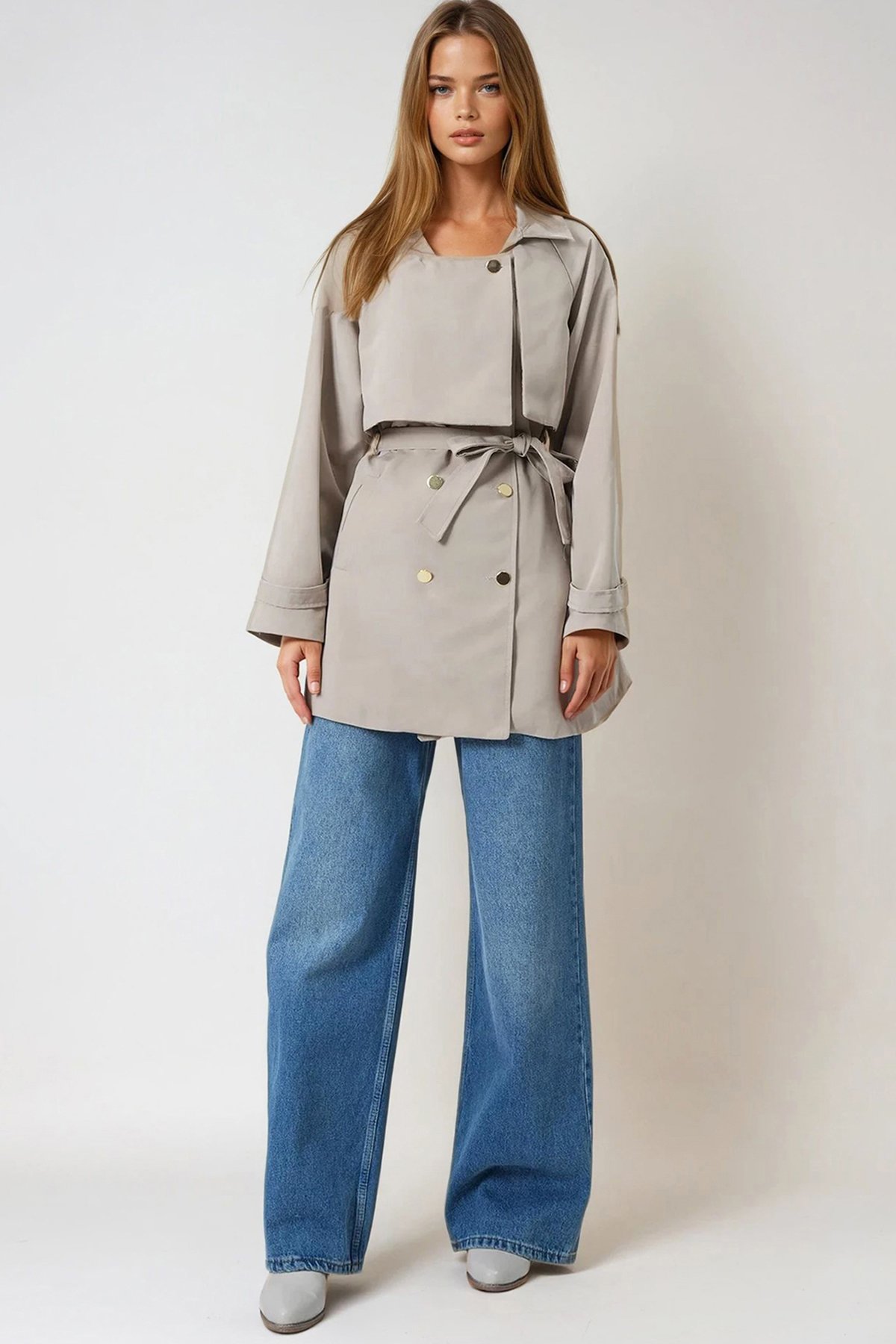 Çift Cepli  Astarlı Kemerli Omuzu Ve Beli Apoletli Trençkot - TAŞ