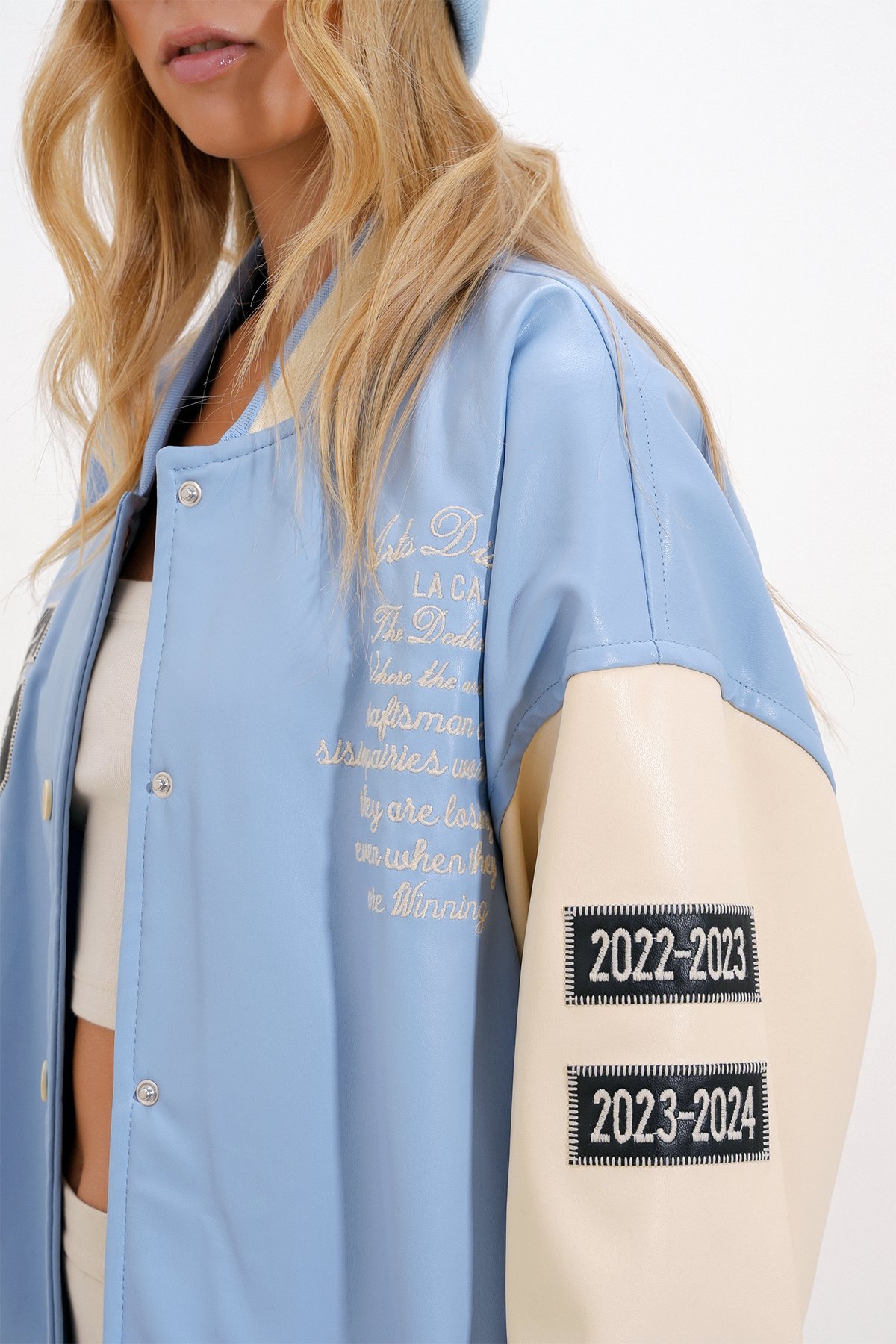 Çift Cepli Çıtçıt Kapamalı Oversize Bomber Ceket - Mavi