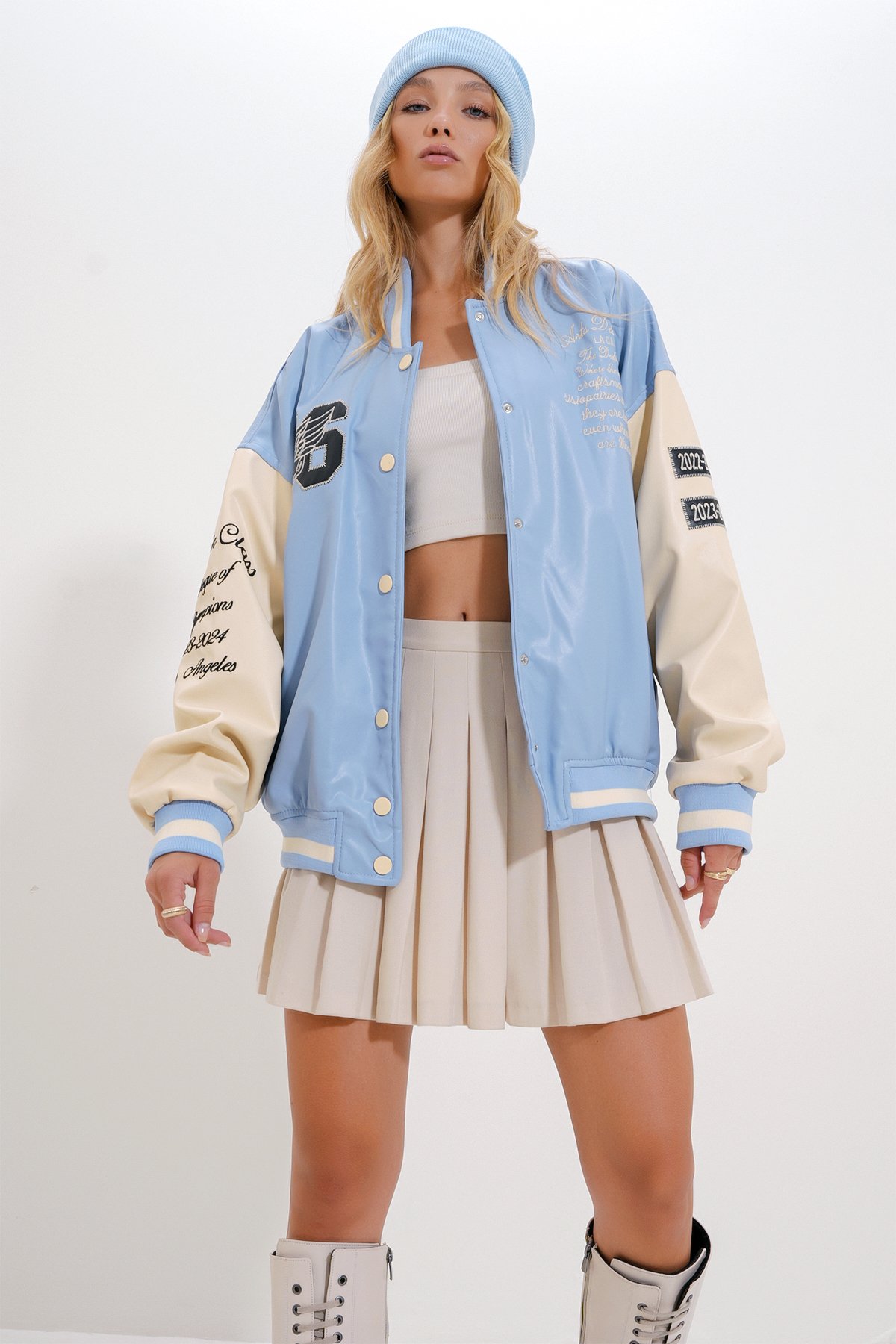 Çift Cepli Çıtçıt Kapamalı Oversize Bomber Ceket - Mavi