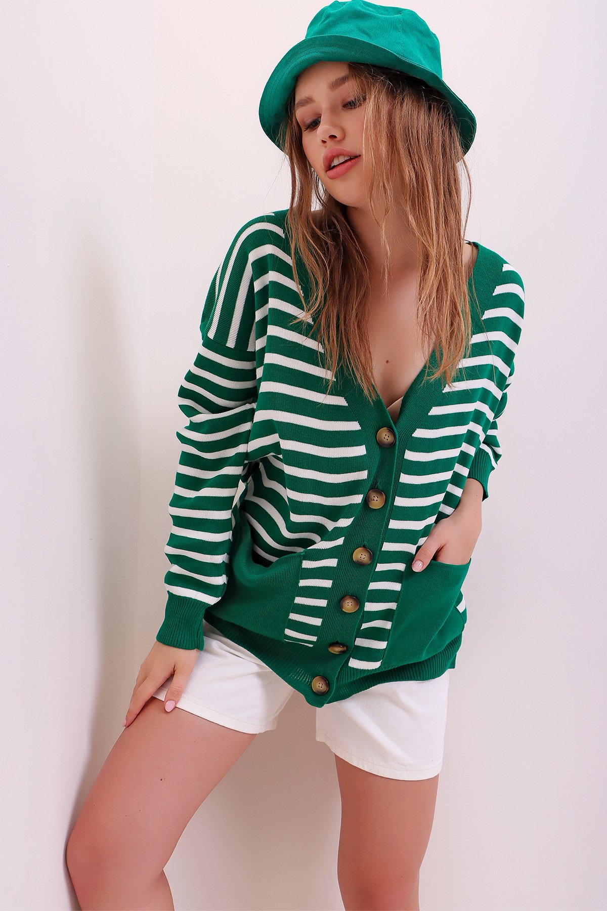 Çift Cepli Çizgili Oversize Premium Hırka - Yeşil