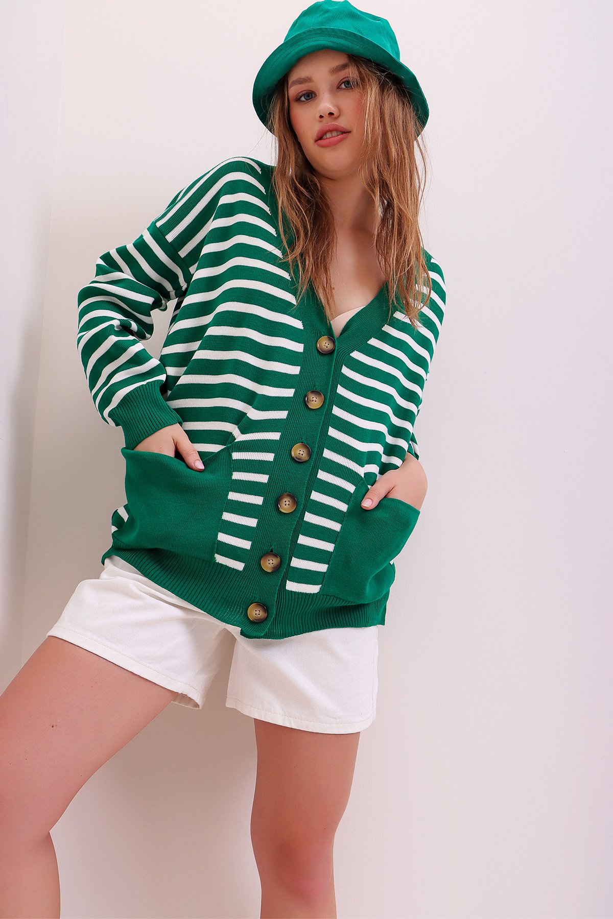 Çift Cepli Çizgili Oversize Premium Hırka - Yeşil
