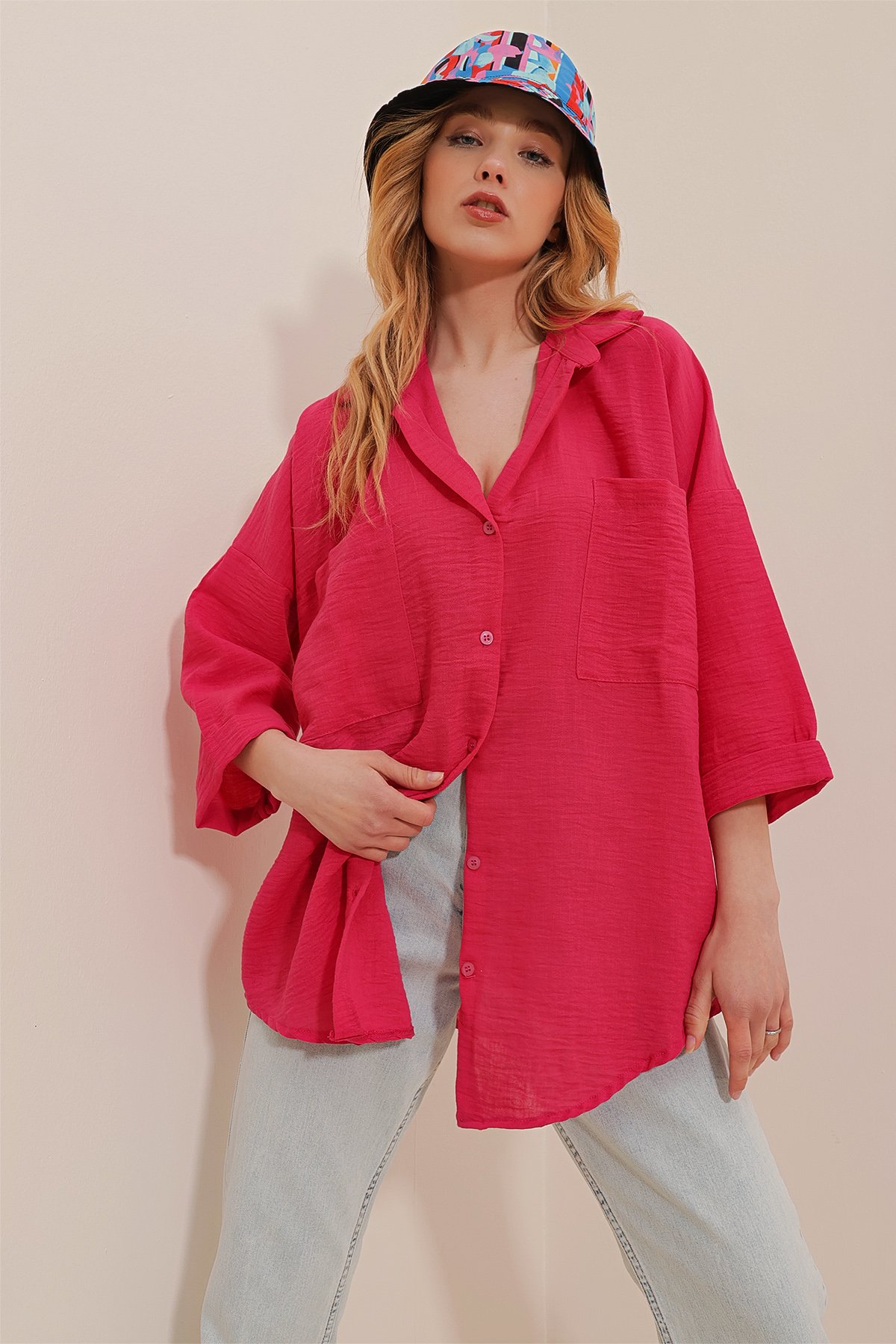 Çift Cepli Duble Kol Keten Oversize Gömlek - FUŞYA